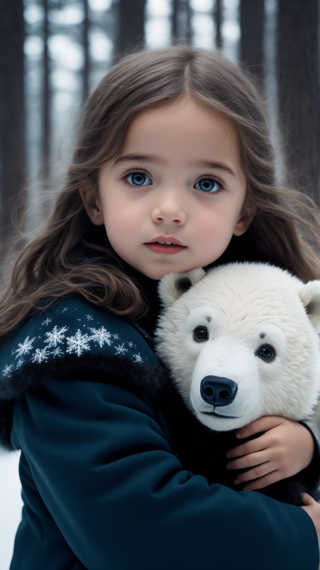 (fantasy style, portrait of shy petite little girl, close up, extremely beautiful, long wavy hairstyle, pretty grey eyes, wearing black winter coat), cold atmosphere, winter themed, (hugging polar bear cub), snow, Style-Winter, pine trees, dark storm clouds, fluffy clouds in the background, unreal engine, (masterpiece, Intricate, epic detailes, Sharp focus, dramatic, surreal oil painting)