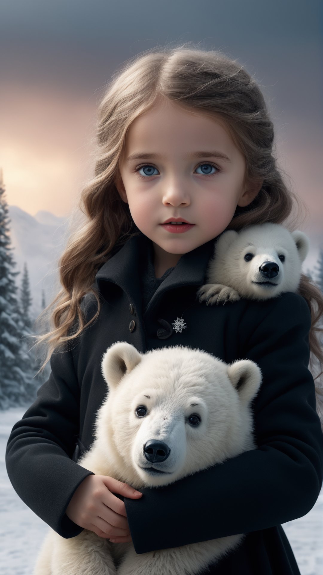 (fantasy style, portrait of shy petite little girl, close up, extremely beautiful, long wavy hairstyle, pretty grey eyes, wearing black winter coat), cold atmosphere, winter themed, (hugging polar bear cub), snow, Style-Winter, pine trees, dark storm clouds, fluffy clouds in the background, unreal engine, (masterpiece, Intricate, epic detailes, Sharp focus, dramatic, surreal oil painting)