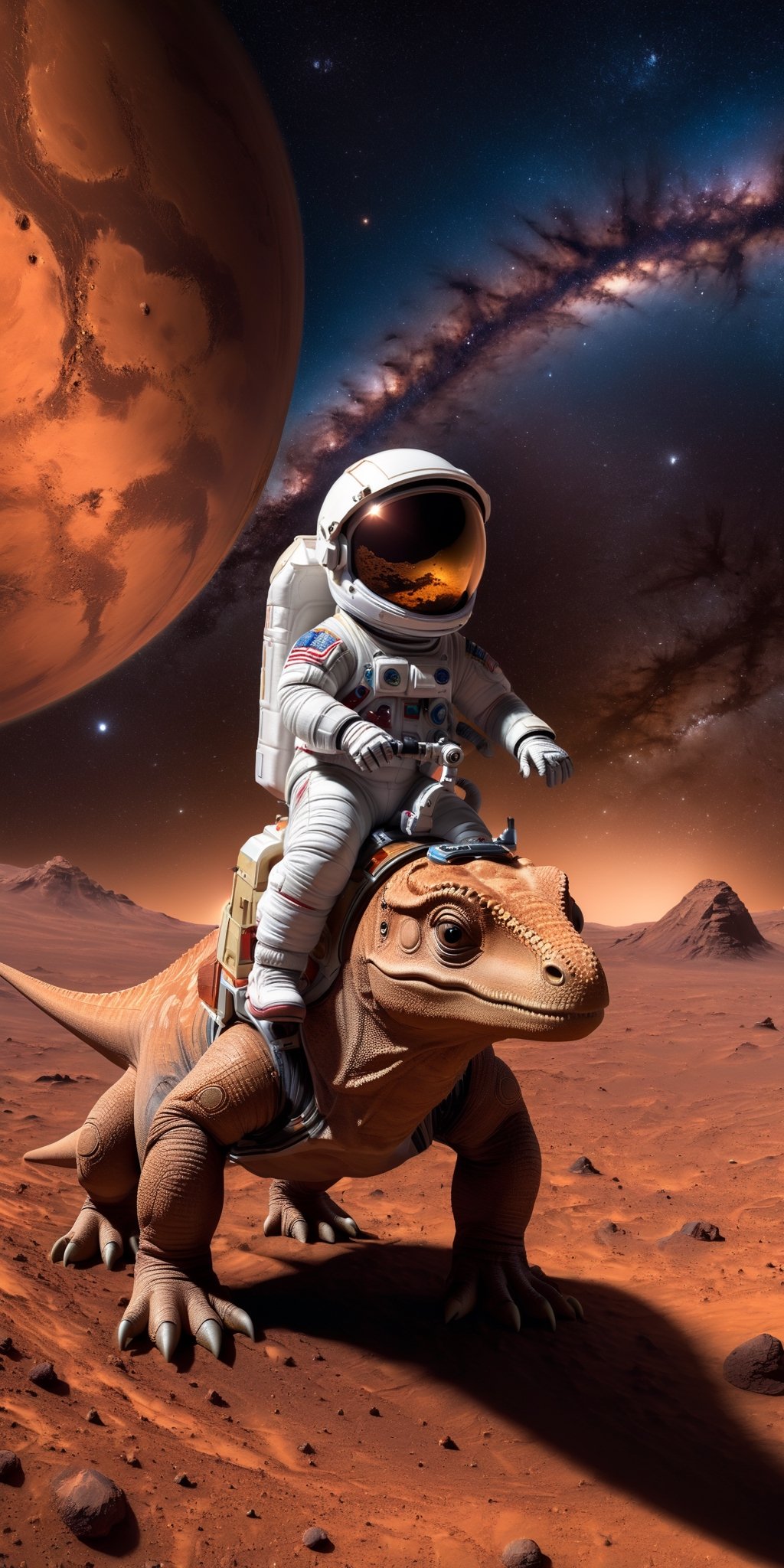 A photograph of a child astronaut riding a baby dinosaur on Mars,
        with the Milky Way as a backdrop.
        high resolution,
        High definition.