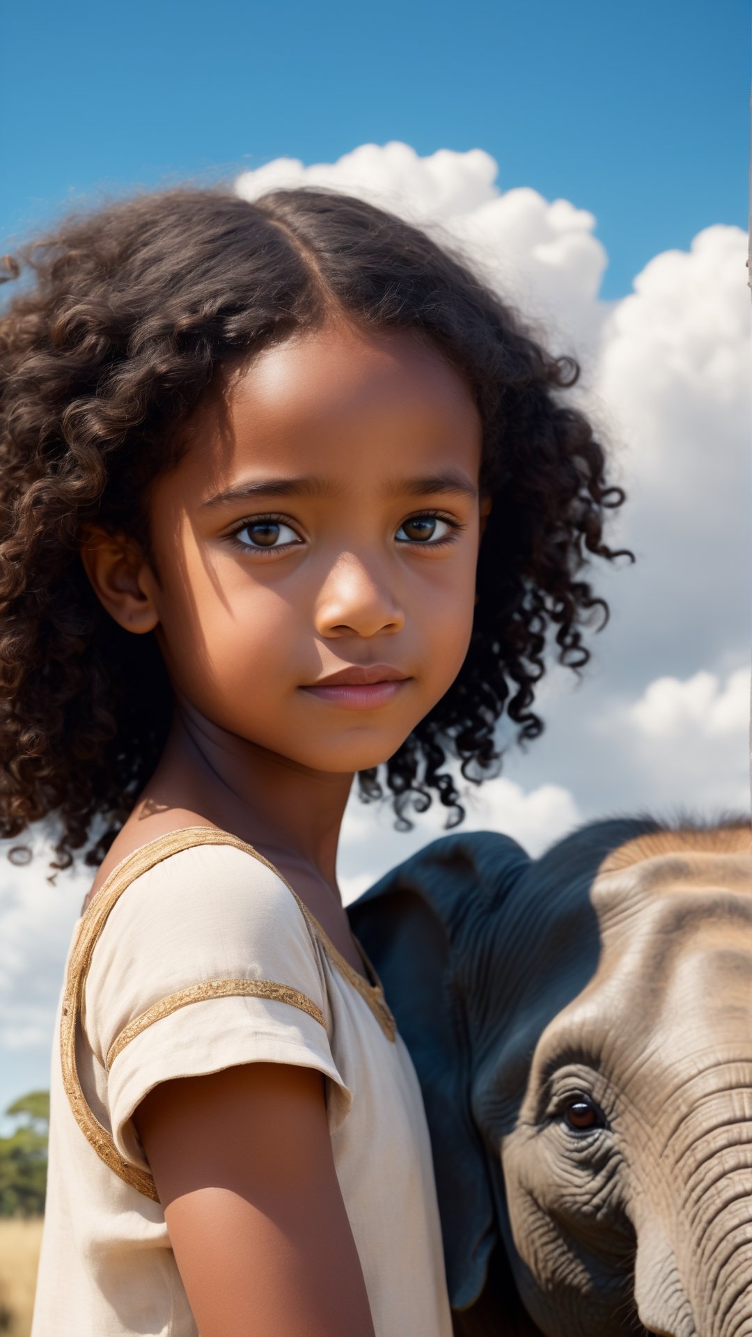 Bright, high-definition, ultra-reality portrait of an expressive 10-year-old Amazonian girl with dark skin and long black curly hair. in the savannah, heat theme, (hugging cute elephant calf), African savannah, ancient trees, blue sky, fluffy clouds in the background, unreal engine, (masterpiece, intricacies, epic details, sharp focus, dramatic and surreal oil painting ),