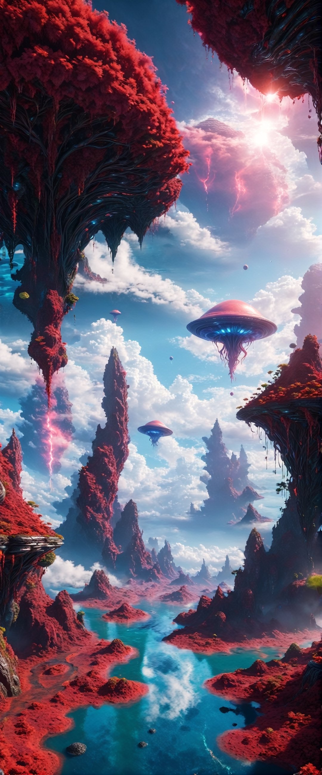 Extremely detailed alien landscape, floating islands, clouds, vines, red jungle, glowing stones, radiant colors, wander, alien lifeforms, sci-fi, photograph, sharp edges  8k, high quality