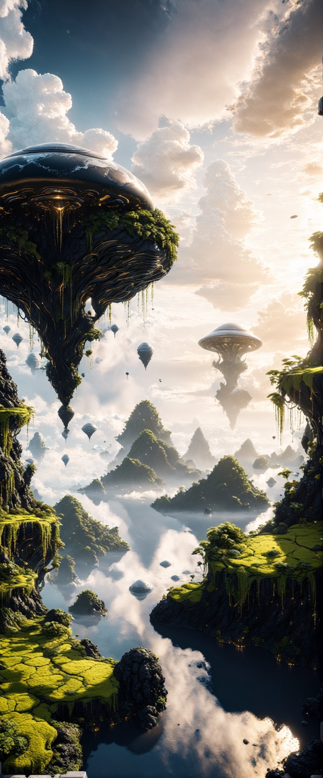 Extremely detailed alien landscape, floating islands, clouds, vines, white and black jungle, glowing stones, white and black colors, wander, alien lifeforms, sci-fi, photograph, sharp edges, golden hour, 8k, high quality, masterpiece, Devasted landscape,