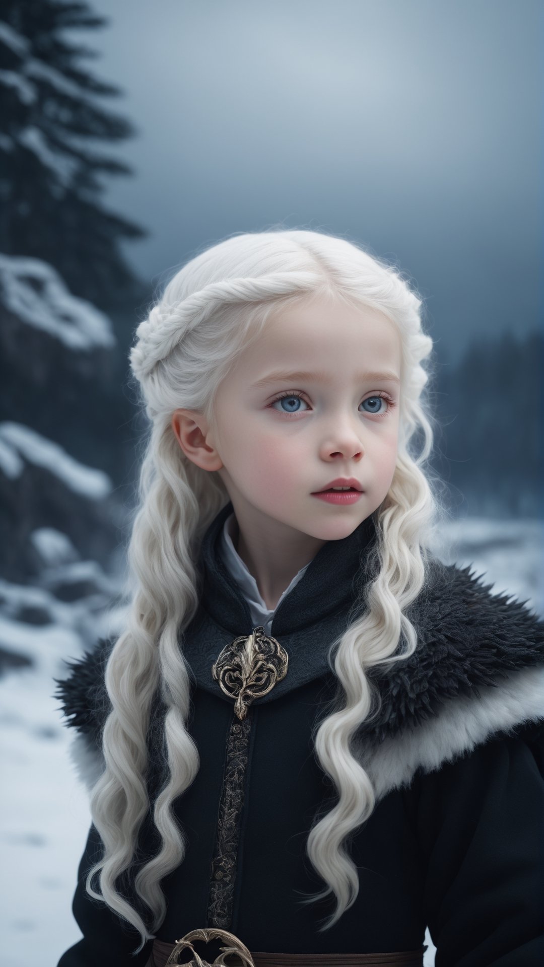 (fantasy style, portrait of a little albino girl, close-up, extremely beautiful, long wavy hairstyle, beautiful gray eyes, wearing a black winter coat), cold atmosphere, winter theme, (((hugging the baby dragon))), snow , Game of thrones style, pine trees, dark storm clouds, fluffy clouds in the background, unreal engine, (masterpiece, intricate, epic details, sharp focus, dramatic and surreal oil painting)