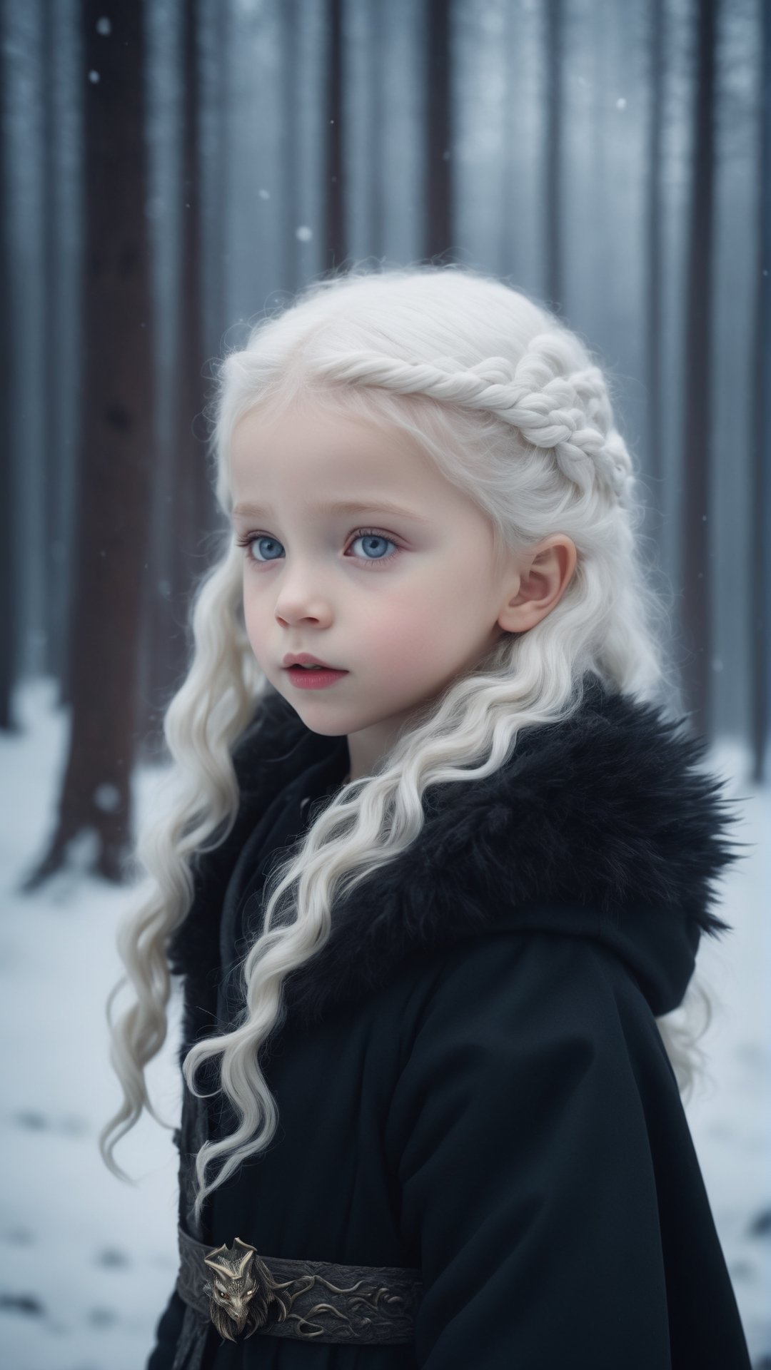 (fantasy style, portrait of a little albino girl, close-up, extremely beautiful, long wavy hairstyle, beautiful gray eyes, wearing a black winter coat), cold atmosphere, winter theme, (hugging the baby dragon), snow , Game of thrones style, pine trees, dark storm clouds, fluffy clouds in the background, unreal engine, (masterpiece, intricate, epic details, sharp focus, dramatic and surreal oil painting)