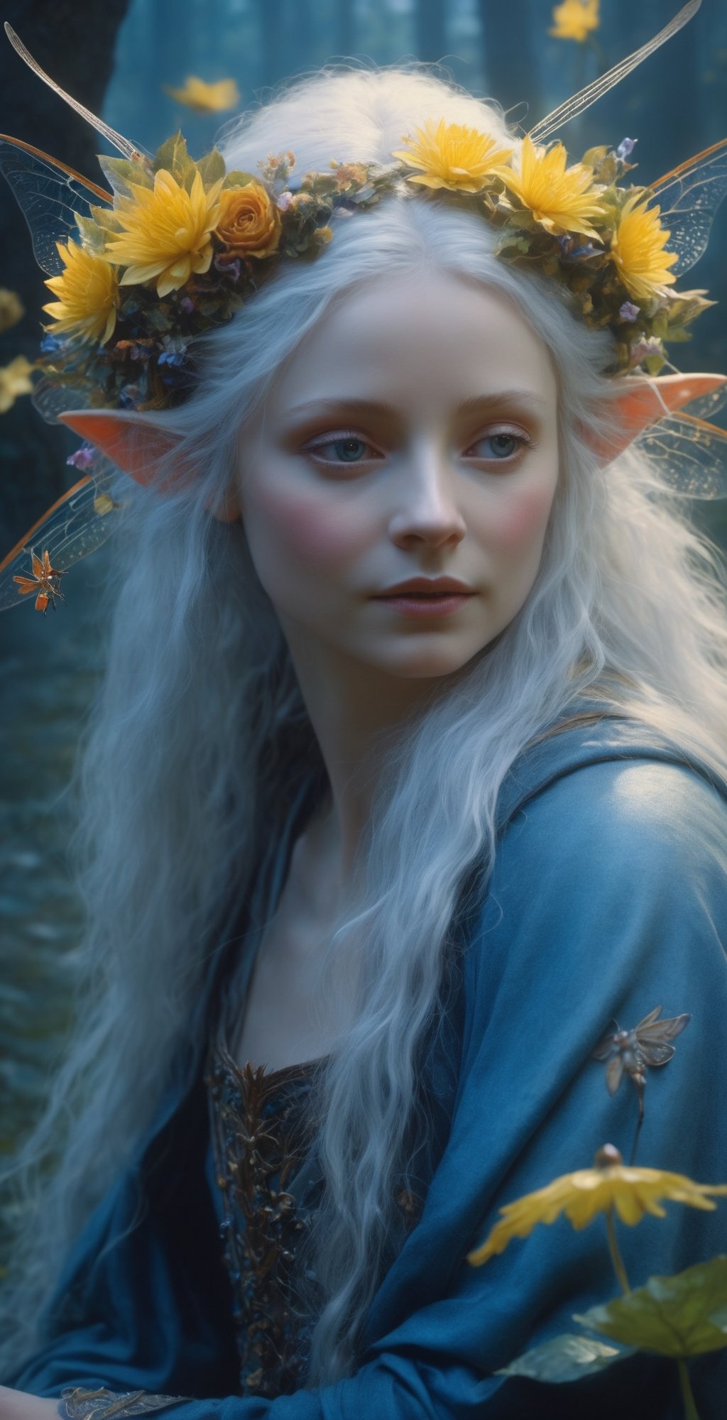 3dg (((in Brian Froud Style)))  in the sunset forest near the fire, ((( glossy luminous happy fairy sitting  among FLOWERS))),above the surface of the lake,  sparks and fireflies,(long white hair),  delicate hyperdetailed pretty  face,  leaves and buttercups,  fantasy, shine skin and hyperdetailed cute young face and anatomically correct  fairy body with long (transparent  dragonfly wings) on the back, (blue skin ton), production cinematic character render, super high quality model, artstation trends, sharp focus, studio photo, realism, expert, character portrait, intricate, oil on canvas, insanely detailed, 4k resolution, soft impressionist, rutkowski, loish, by craig davison, jean-baptiste monge, peter paul rubens, george stubbs, john william waterhouse,, concept art detailed character design matte painting,  ((by Brian & Wendy Froud)), by Brian Froud and Alan Lee, sunset