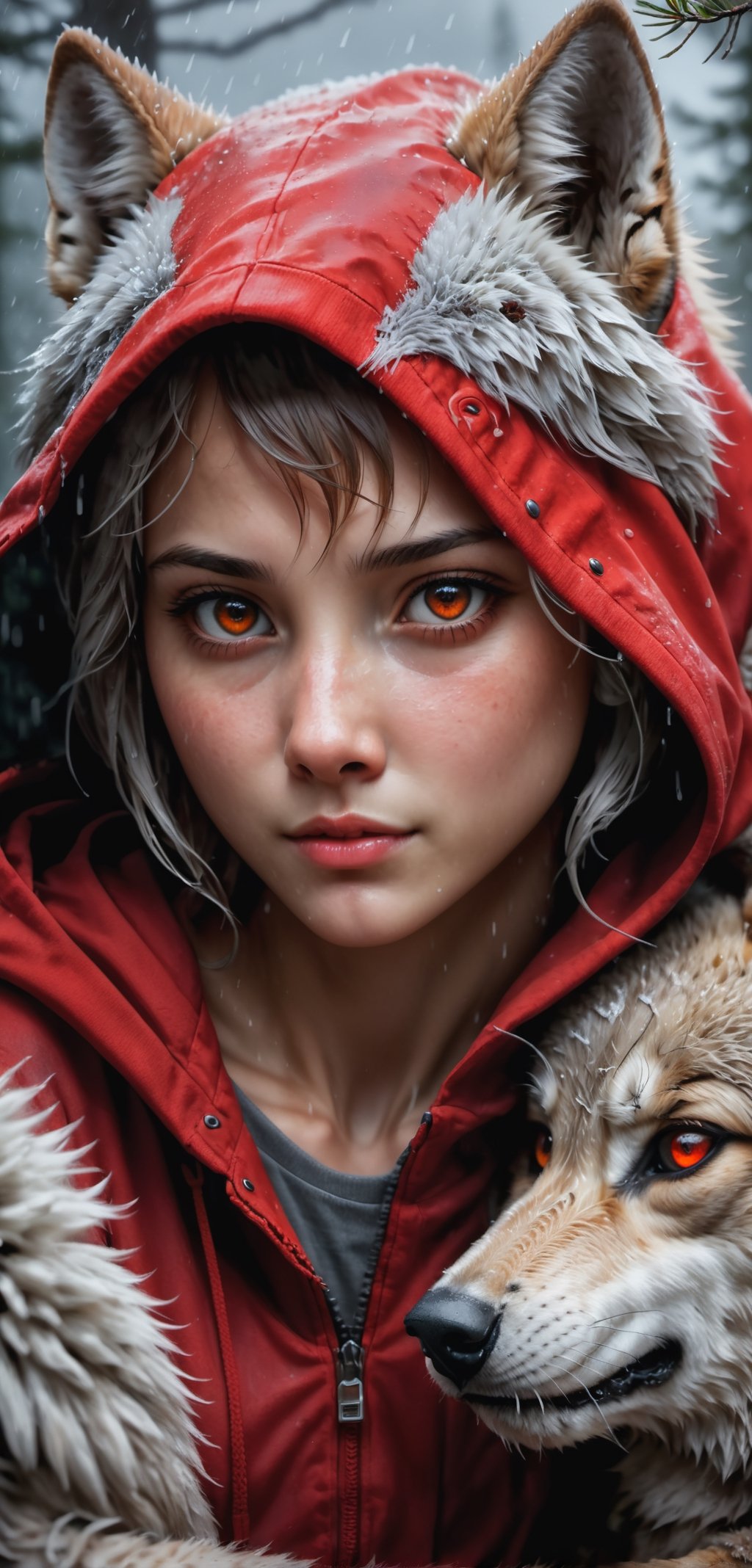 fantasy style, portrait of a shy girl, close-up, extremely beautiful, wearing a red hooded top, beautiful gray eyes, night environment, spring theme, (((hugging the wolf cub))), rain splash, style fantasy, pine trees, stormy dark clouds, fluffy clouds in the background, unreal engine (masterpiece, intricacies, epic details, sharp focus, dramatic and surreal oil painting)
