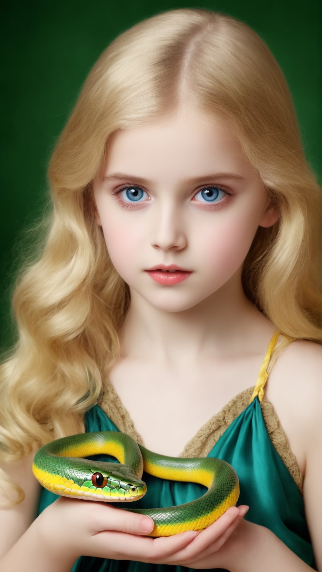 Beautiful little blonde girl holding a royal snake, Paul Emile Vernon, highly detailed, digital painting, hyperdetailed eyes, elegant, portrait, beautiful, colorful, watercolor, beautiful watercolor painting, detailed, fine art