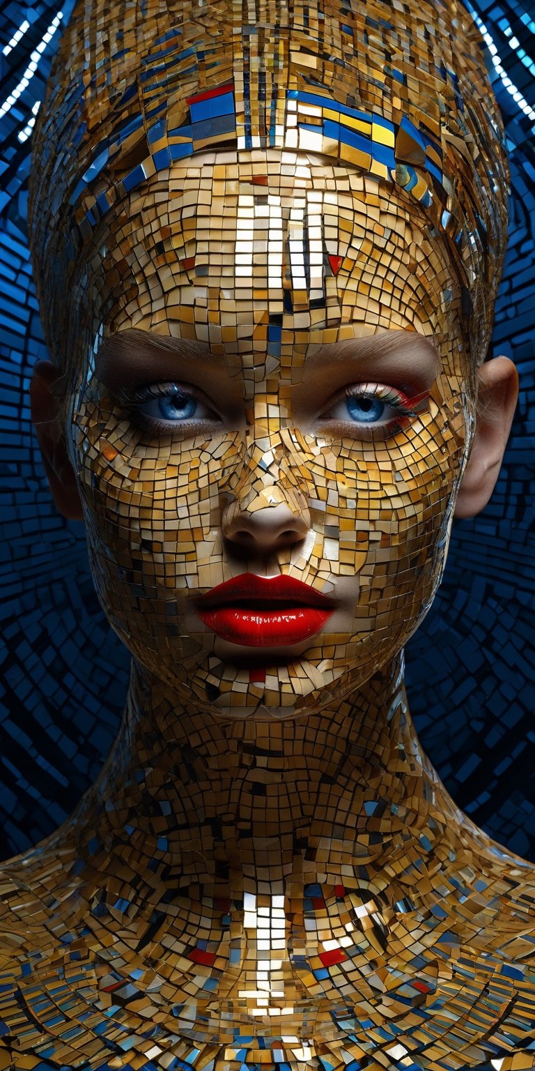  3d rendering rollei prego of a blonde fashion model, datamoshing style, cubist surrealism,  mosaic shapes, aesthetic, rich dark shadows, global illumination, ray tracing, UHD,red blue and gold color scheme, chipped paint, female android, visible pores, symmetrical beautiful human face, amazing splashscreen artwork, lindsay adler