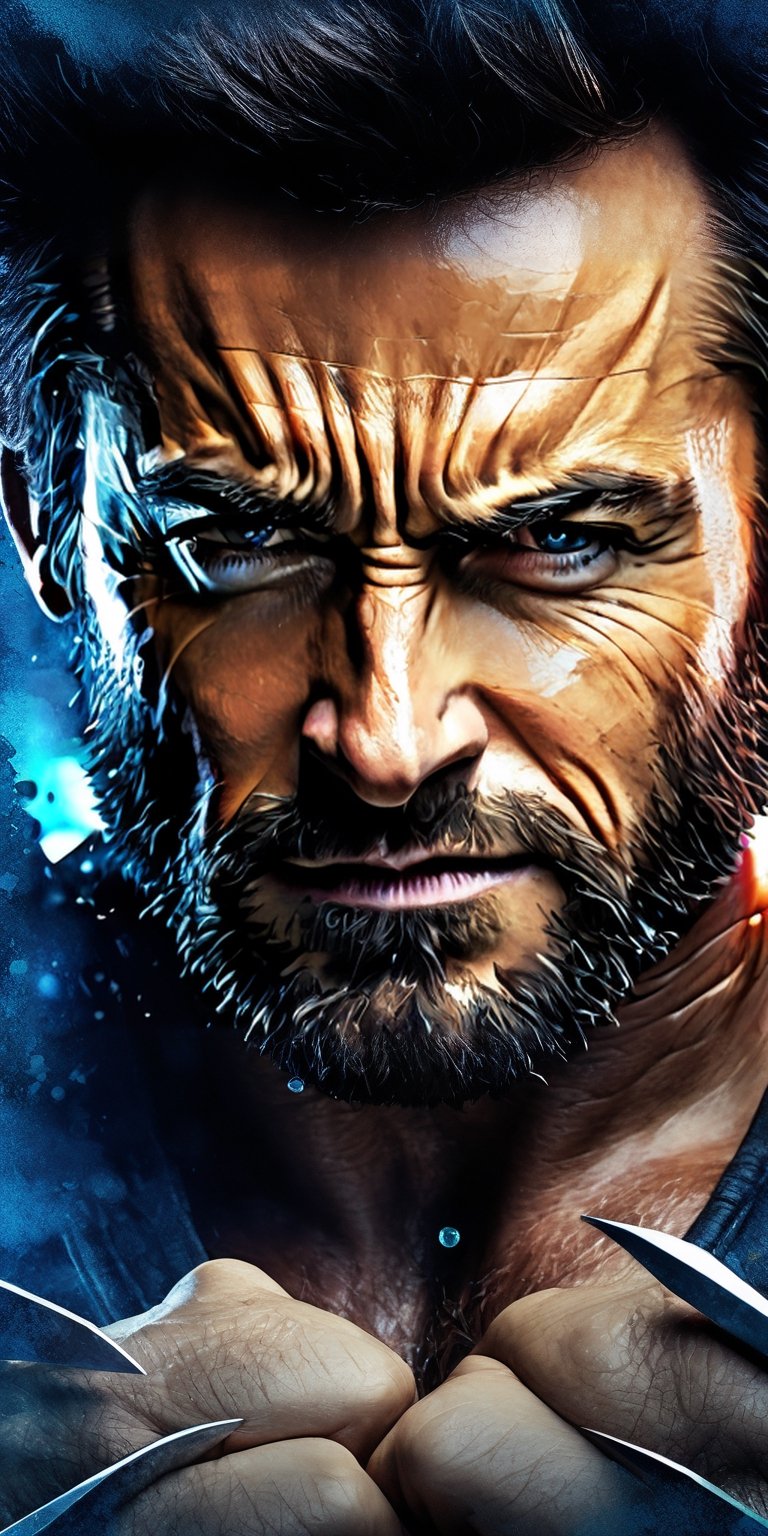 Fantasy Realism, mesmerizing HDR highly detailed, close-up digital art, portrait, three metal claws from knuckles, Hugh Jackman as Wolverine from X-Men, sharp focus, very stylish, chiaroscuro, highly detailed, high definition, hyperrealistic, illustration, seamlessly blending watercolor and alcohol ink elements, UHD, perfect curved line composition, cinematic, bright lighting, intricate background with vibrant alcohol ink splatters, deep faded and muted triadic colors, beyond the realm of reality, 32k, idea panchovilla. 