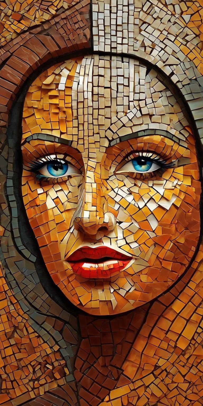 3d rendering, Painting of a woman, datamosh style, cubist surrealism, mosaic shapes. The image shows the woman's face and body deformed by fault effects and divided into geometric shapes. The colors are bright and contrasting, creating a dramatic and surreal visual effect. The woman appears to look at the viewer with an enigmatic expression. By panchovilla 