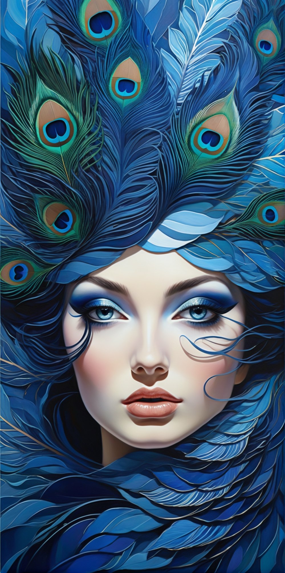 "Create a portrait of a woman with fair skin. Her eyes are adorned with elegant blue eyeliner that matches the hues of the swirling pattern around her. The background consists of a complex, layered pattern in shades of dark blue sky, peacock feathers, enveloping her face and shoulder to create a stunning three-dimensional effect. The image is rich in detail, with a strong contrast between the subject's soft features and the sharp lines of the pattern. The entire composition conveys a sense of sophistication and depth.