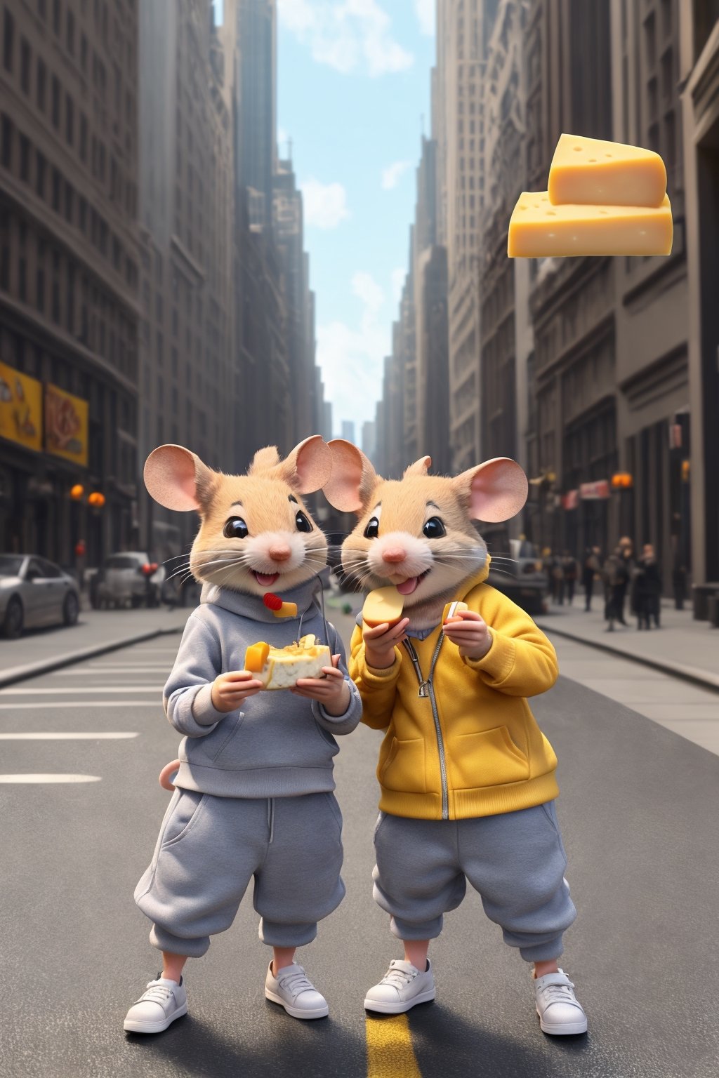 Ultra-realistic 3D Pixar style, cute Disney cartoon style, (((two cute little mice taking selfie with a cheese in their mouth))), wearing Wall Street hiphop clothes, lots of chains around their necks, white sneakers, meme expert , hands in pockets. A New York shootout, Wall Street, taxi, ultra realistic, 3D rendering, 16k UHD, photoshoot, 3D rendering, cinematic, photo, fashion