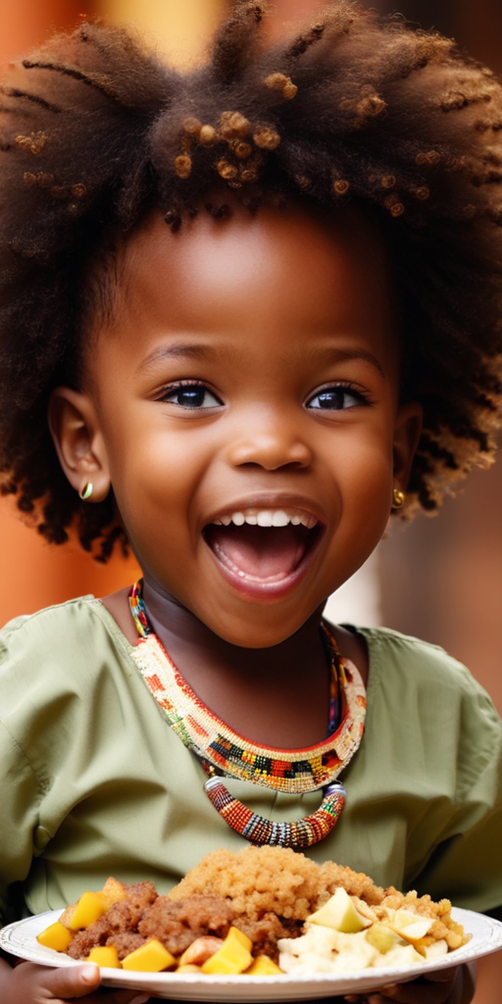 An African-American Child “with a plate of food and laughing hysterically, banging and cheering. As we explore the rhythms and dances that enchant the African game, we witness how the human body becomes a living manifestation of the culture, identity and indomitable spirit of the African continent.", ((best quality)), ((master part )), (ultra-detailed), high quality, traditional clothing from African culture, intricate details, natural lighting, exterior, warm colors, (Bokeh), (sharp focus on eyes), (highly detailed face, skin texture),