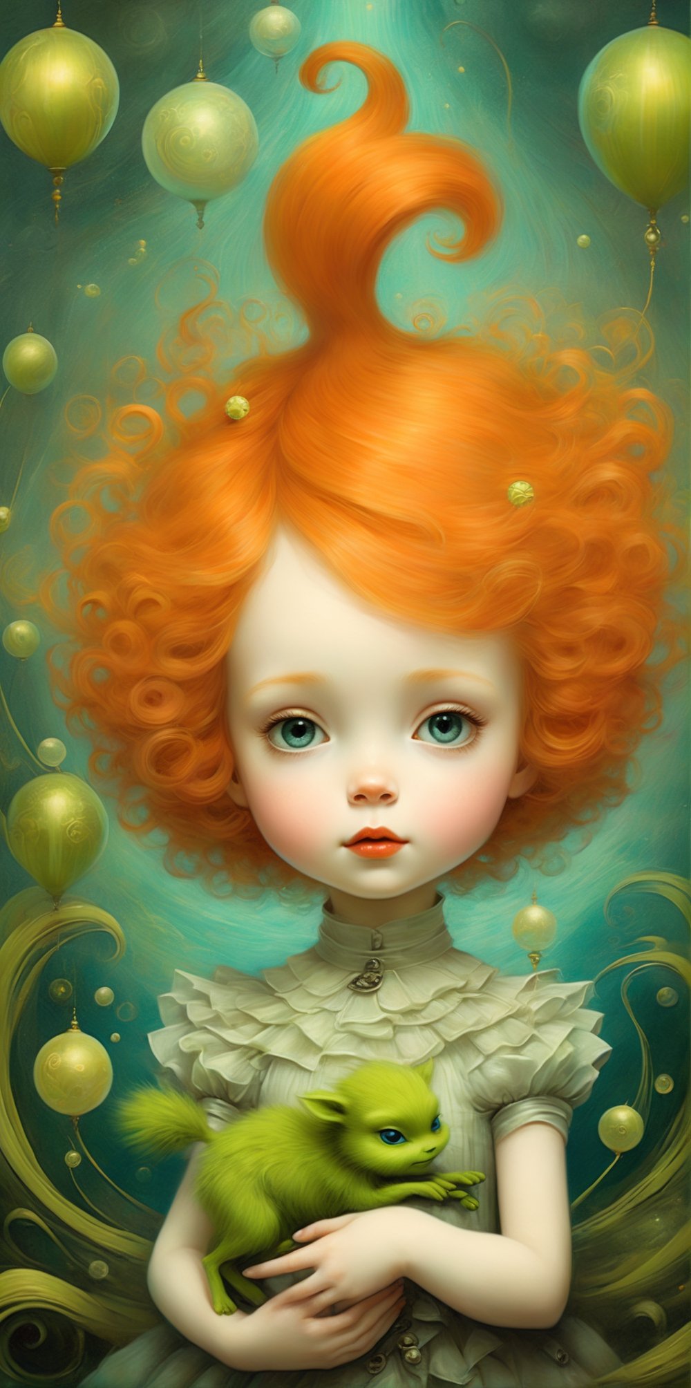 A beautiful and whimsical elusive pop noir surrealism, orange haired little girl holding a baby Scooby-Doo grinch, in the style of Dr. Seuss, inspired by Mandelbrot fractals and the Doppler effect glitchcore, in the style of Ray Caesar, modern art, art nouveau, realism fantastic, intricate details, surreal emotion art, interesting emotional feeling, highli texture details, Behance winning award. rendered in a charming, ornate style, with textured brushstrokes and incredibly high 12k resolution. This highly detailed 3DHD oil painting showcases Pierre-Auguste Renoir's mastery of color and technique. The deep, incandescent tones and ultra-fine details evoke a surrealist vibe reminiscent of Craola, Nicoletta Ceccoli, Beeple, Jeremiah Ketner, Todd Lockwood. Meticulously hand-painted with meticulous attention to detail, this work of art captures the essence of fantastical scenes from a bygone era. Created using cutting-edge Octane Render technology, underwater