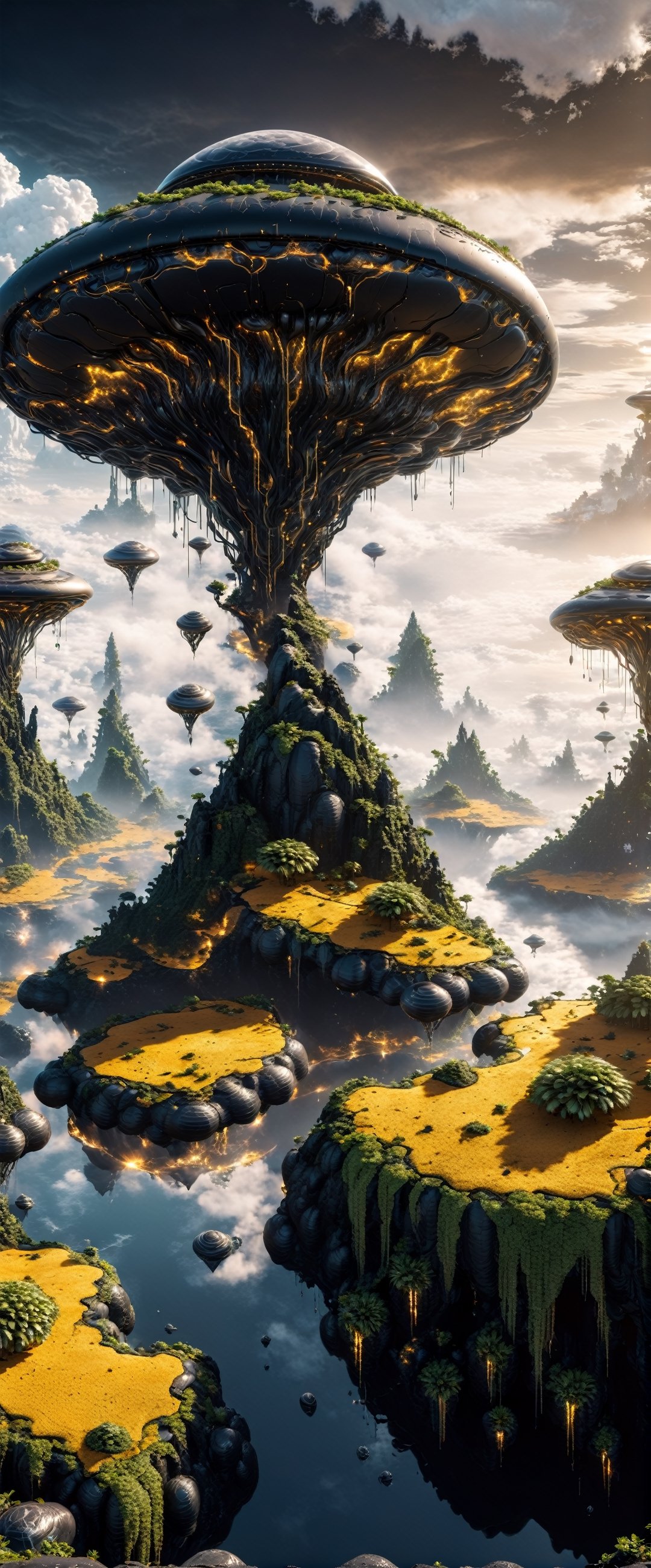 Extremely detailed alien landscape, floating islands, clouds, vines, white and black jungle, glowing stones, white and black colors, wander, alien lifeforms, sci-fi, photograph, sharp edges, golden hour, 8k, high quality, masterpiece,Devasted landscape 