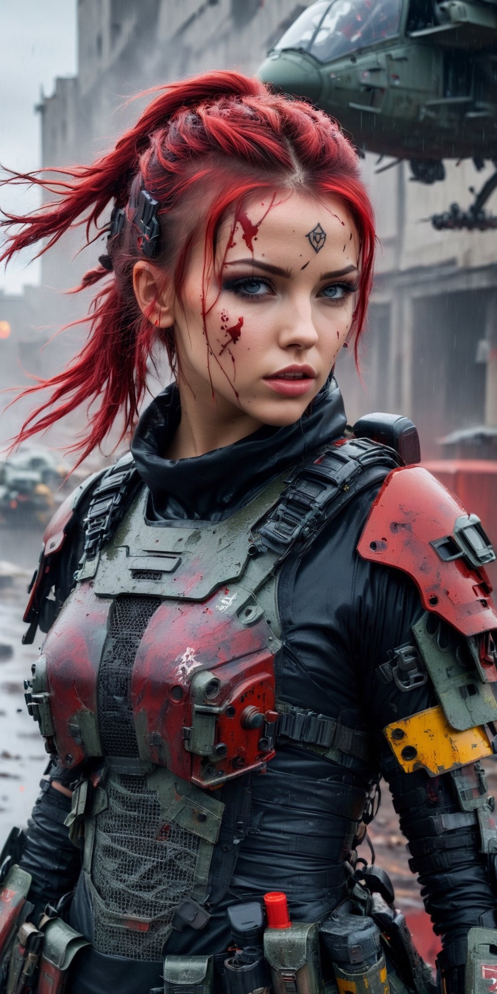 Postapocalyptic combat scene with a Beautiful hyperrealistic photograph of cute Young Swedish woman with Runic tattoos, ((dirty face Blood splattered)), (((wearing full heavy mecha armor, combat harness, Neon highlights))) Short Red Dreadlocks, combat pose, (((Holding on to the side of a combat Sci-Fi Combat helicopter))), exterior of Destroyed building, Fires, Smoke, debris, Camo netting, Ammo Boxes, Rain, Stormy, Wet, abstract beauty, near perfection, pure form, intricate detail, 8k post-production, High resolution, super Detail, trending on ArtStation, sharp focus, studio photos, intricate detail, Very detailed, By Greg Rutkowski