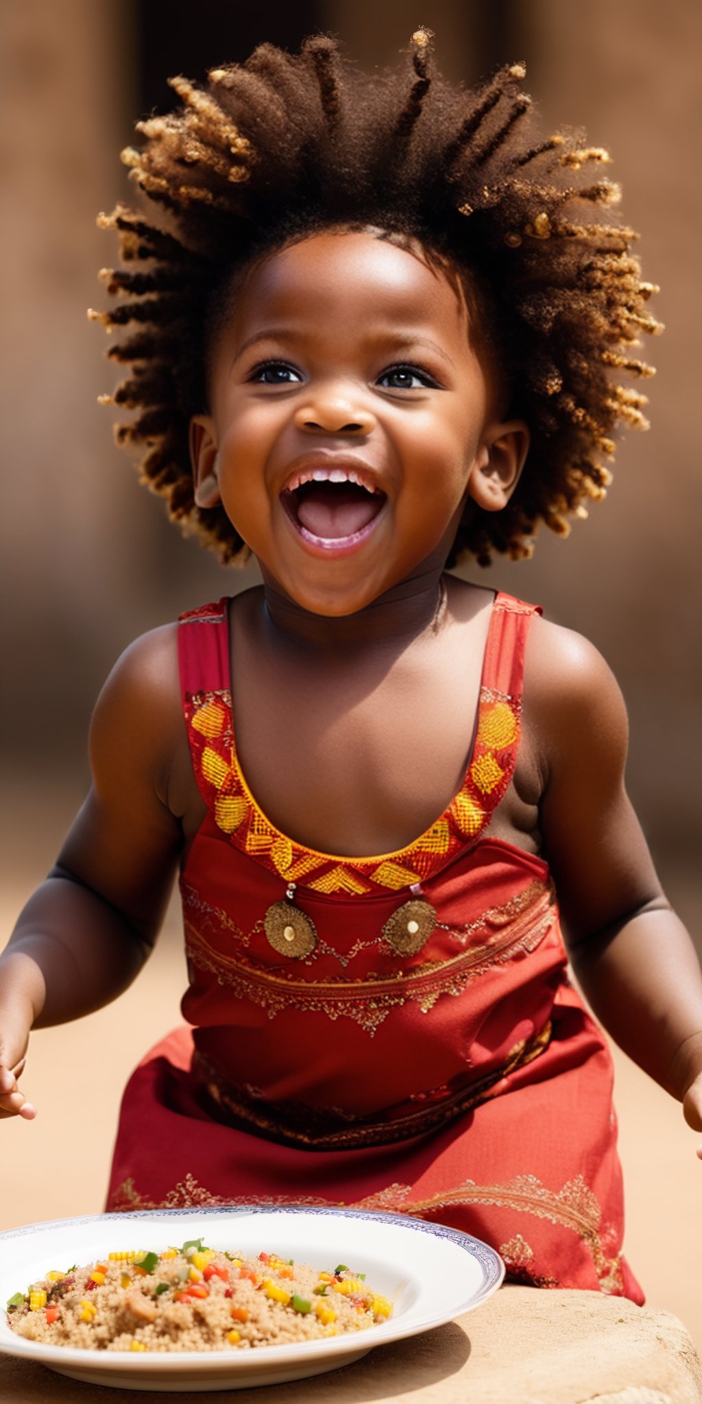 An African-American Child “with a plate of food and laughing hysterically, banging and cheering. As we explore the rhythms and dances that enchant the African game, we witness how the human body becomes a living manifestation of the culture, identity and indomitable spirit of the African continent.", ((best quality)), ((master part )), (ultra-detailed), high quality, traditional clothing from African culture, intricate details, natural lighting, exterior, warm colors, (Bokeh), (sharp focus on eyes), (highly detailed face, skin texture),