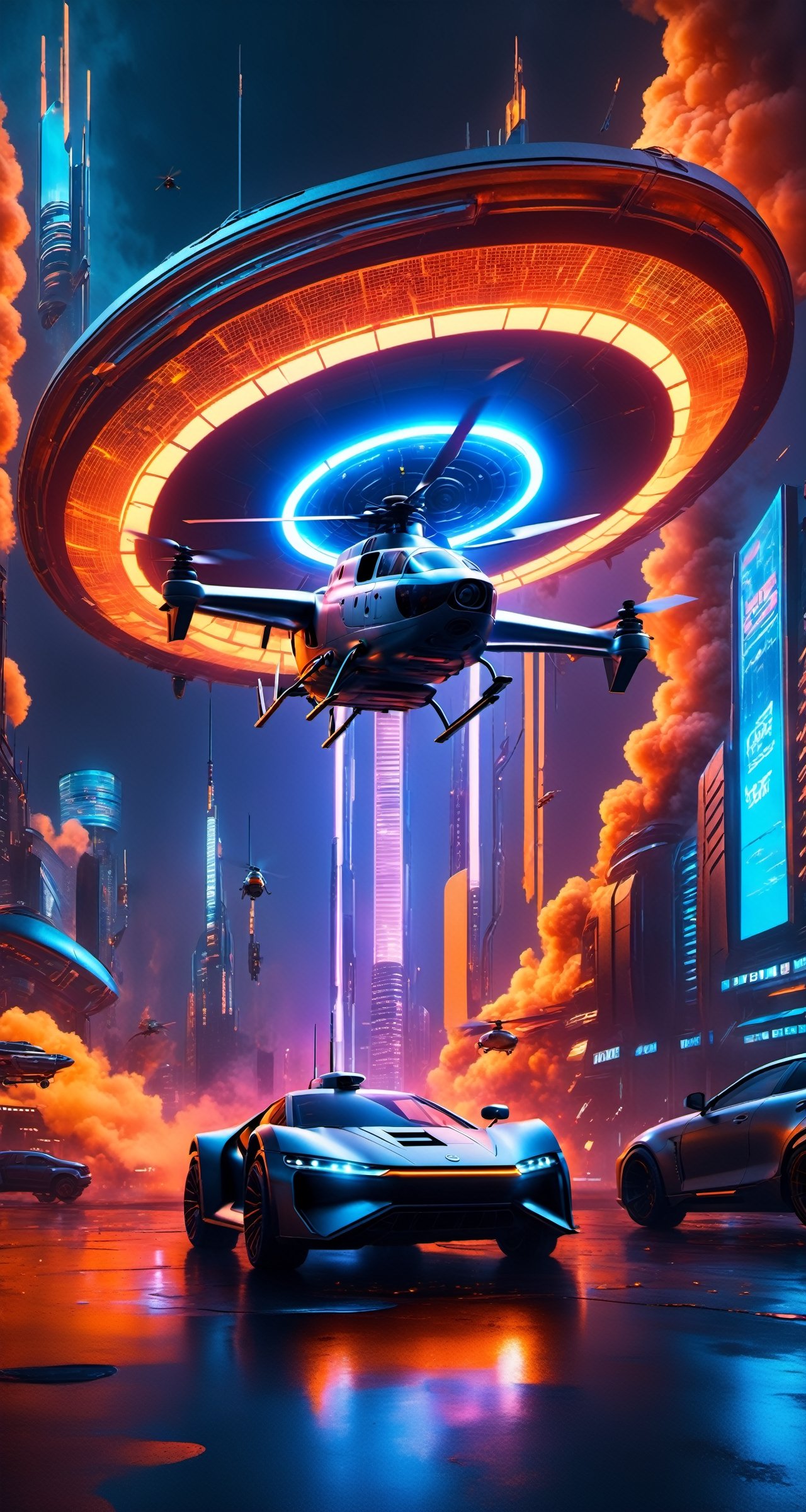 A sleek silver futuristic helicopter dives recklessly into a neon-lit cyberpunk cityscape at midnight, (((chasing a speeding car amid explosions, fire and gunfire))). The turbulent scene shines with high-intensity action and a sci-fi atmosphere.,cyberpunk style