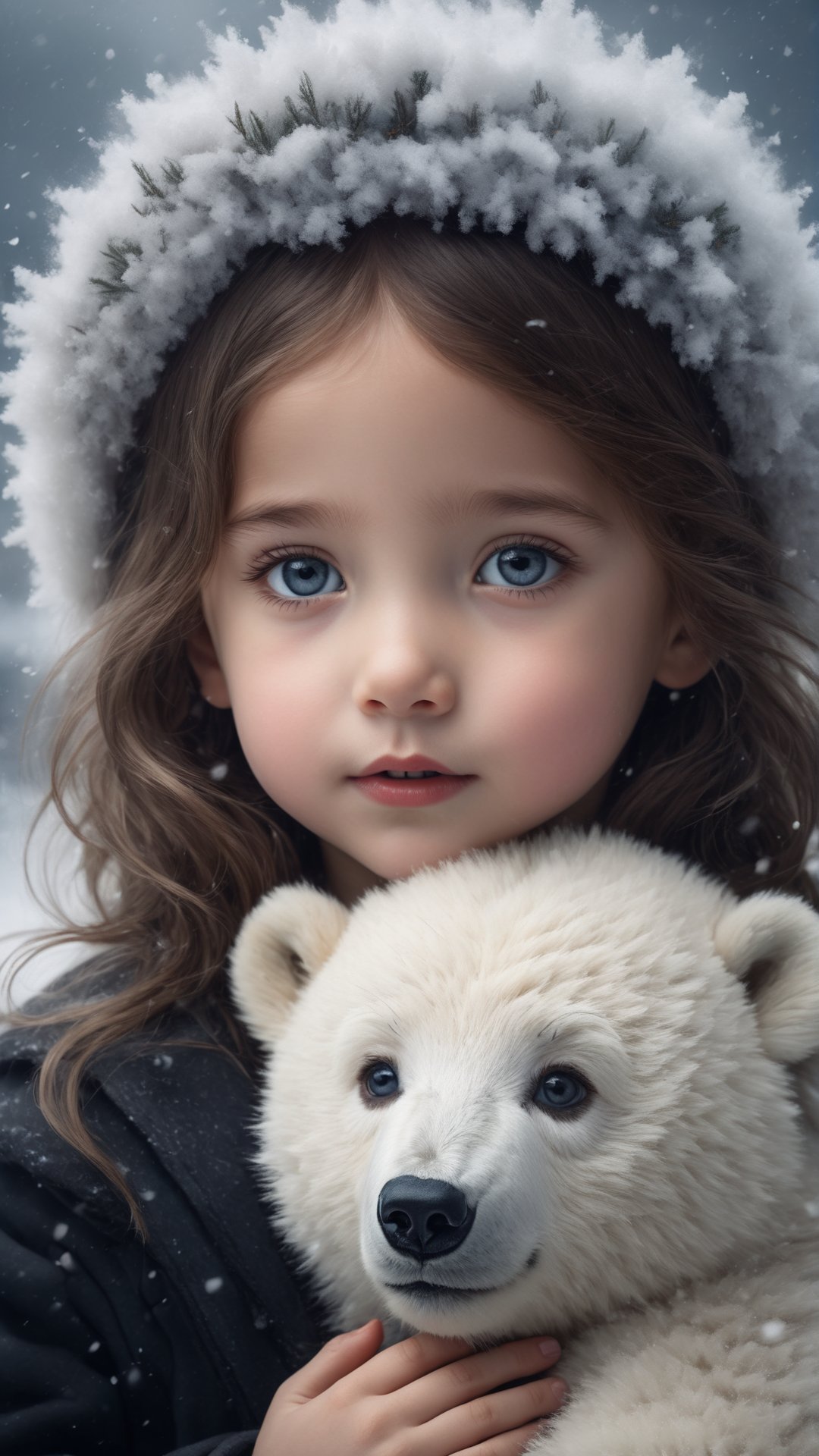 (fantasy style, portrait of shy petite little girl, close up, extremely beautiful, long wavy hairstyle, pretty grey eyes, wearing black winter coat), cold atmosphere, winter themed, (hugging polar bear cub), snow, Style-Winter, pine trees, dark storm clouds, fluffy clouds in the background, unreal engine, (masterpiece, Intricate, epic detailes, Sharp focus, dramatic, surreal oil painting)