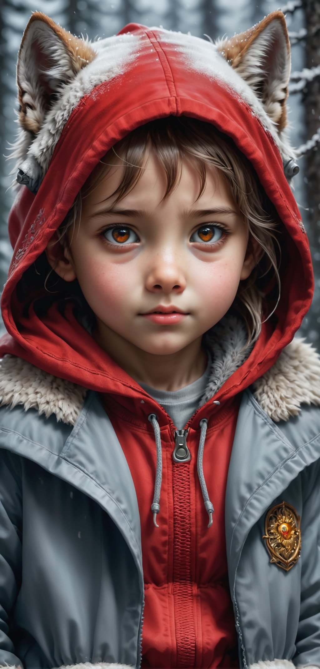 (fantasy style, portrait of a shy little girl, close-up, extremely beautiful, wearing a red hooded top, beautiful gray eyes, night atmosphere, spring theme, (hugging the wolf cub), splashes, Fantasy style, pine trees, clouds stormy darks, fluffy clouds in the background, unreal engine, (masterpiece, intricacies, epic details, sharp focus, dramatic and surreal oil painting)