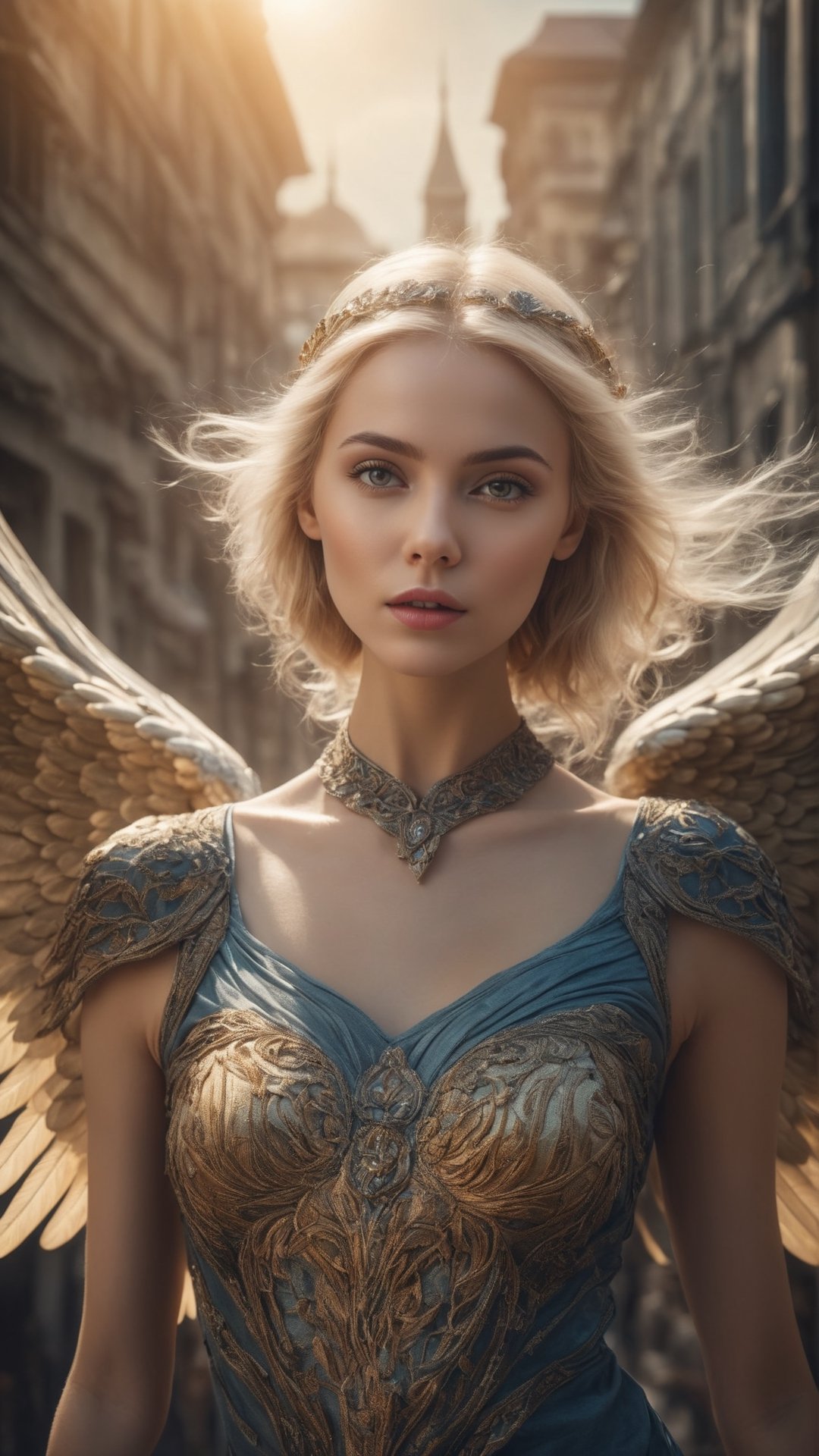 Beautiful blonde-haired girl with angel wings, flying over Istanbul, photoshoot, Sigma 85mm, full-body fashion portrait, dark vignette.3d rendering, octane rendering, intricately detailed, cinematic, trending in artstation, isometric, hyperrealistic cover photo centered, awesome full color, hand drawn, dark, gritty, mucha, klimt, erte 12k, high definition, cinematic, neoprene, award winner behance contest, Portrait featured on unsplash, Stylized digital art, smooth, ultra high definition, 8k, Unreal engine 5, ultra sharp focus, masterpiece of intricate art, sinister, epic, TanvirTamim, trending on artstation, by artgerm, h. r. giger and beksinski, highly detailed, vibrant