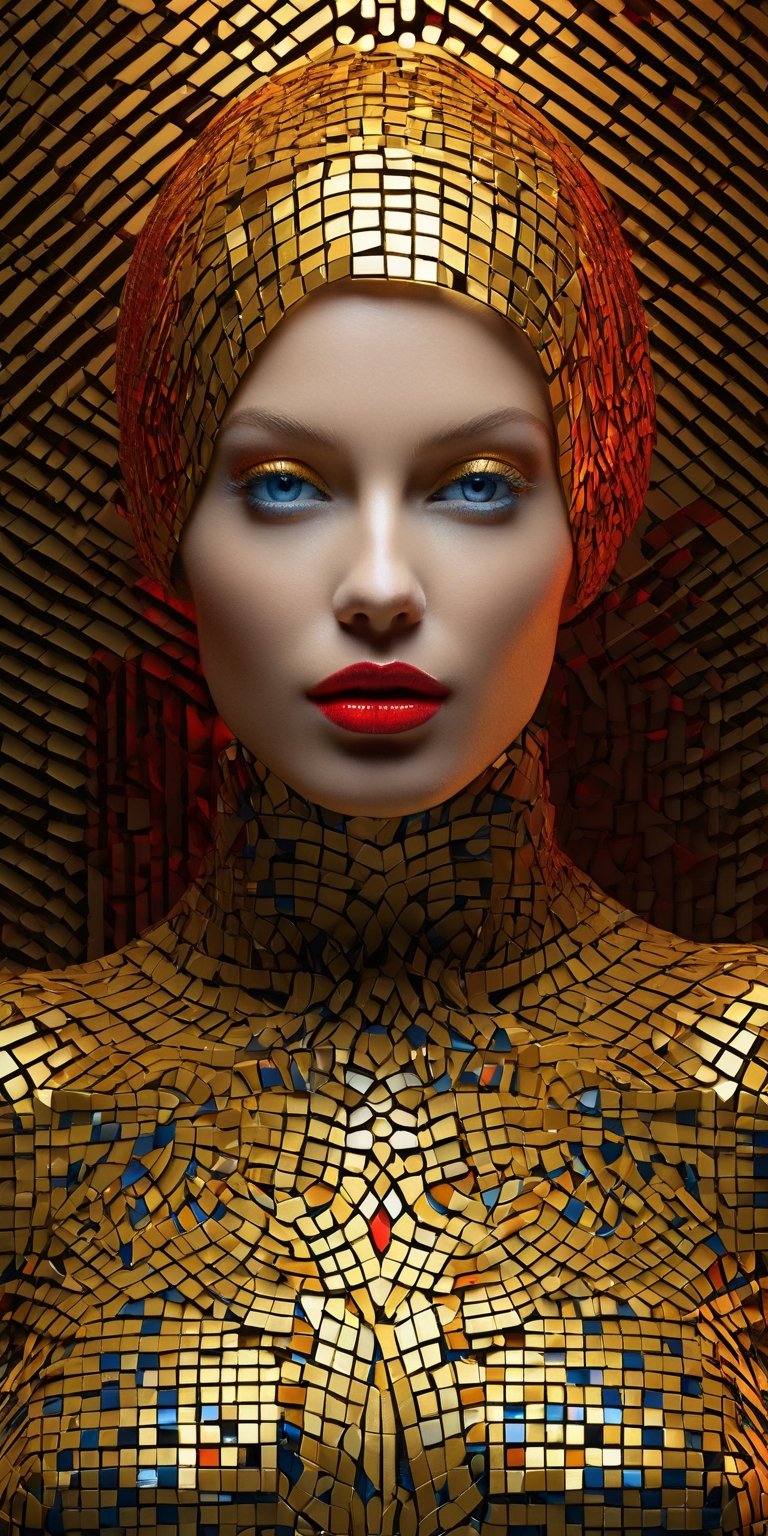  3d rendering rollei prego of a blonde fashion model, datamoshing style, cubist surrealism,  mosaic shapes, aesthetic, rich dark shadows, global illumination, ray tracing, UHD,red blue and gold color scheme, chipped paint, female android, visible pores, symmetrical beautiful human face, amazing splashscreen artwork, lindsay adler