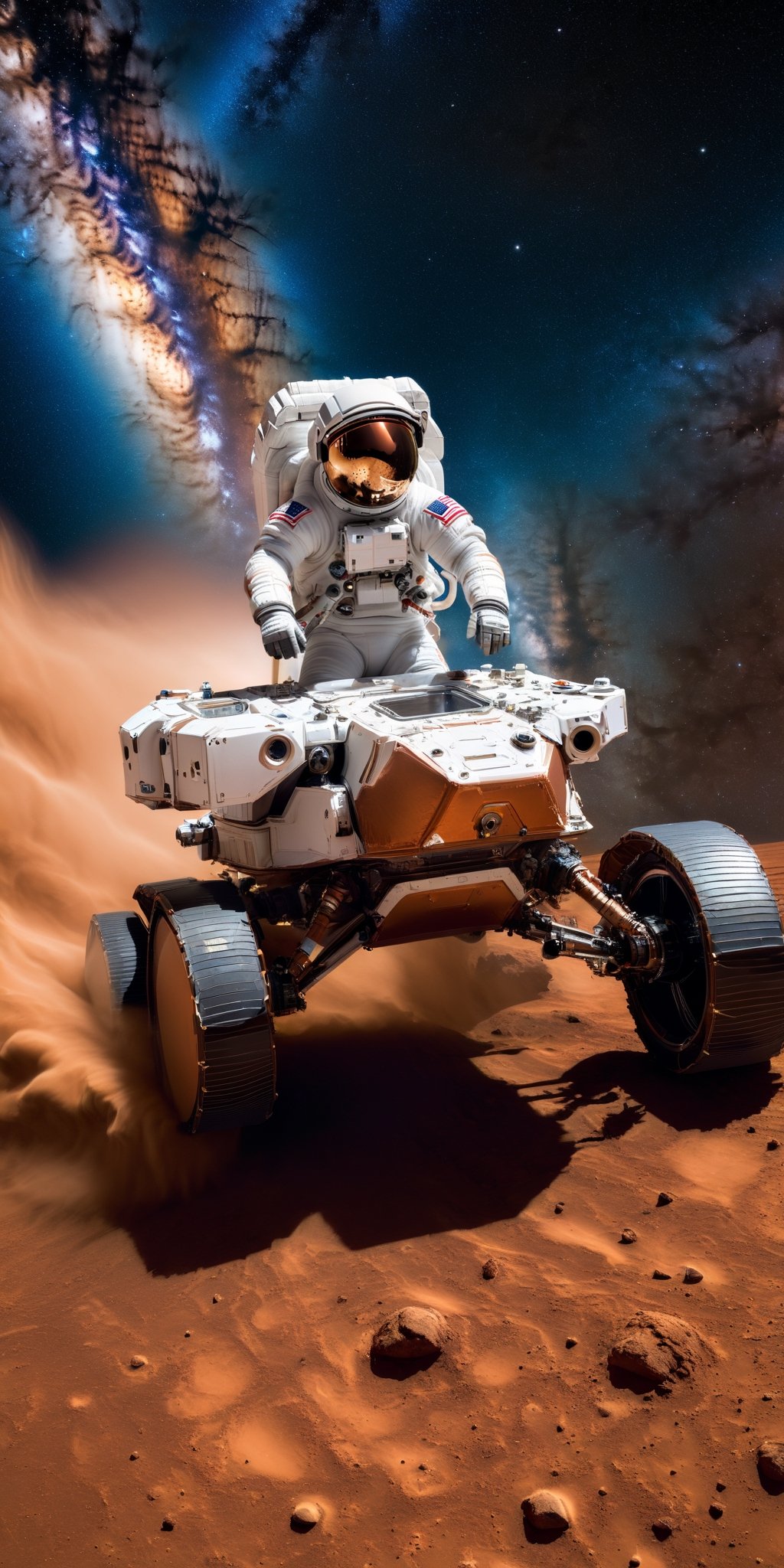 A photograph of an astronaut riding a tirex on Mars, 
        against the backdrop of the Milky Way.
        high resolution, 
        high definition.