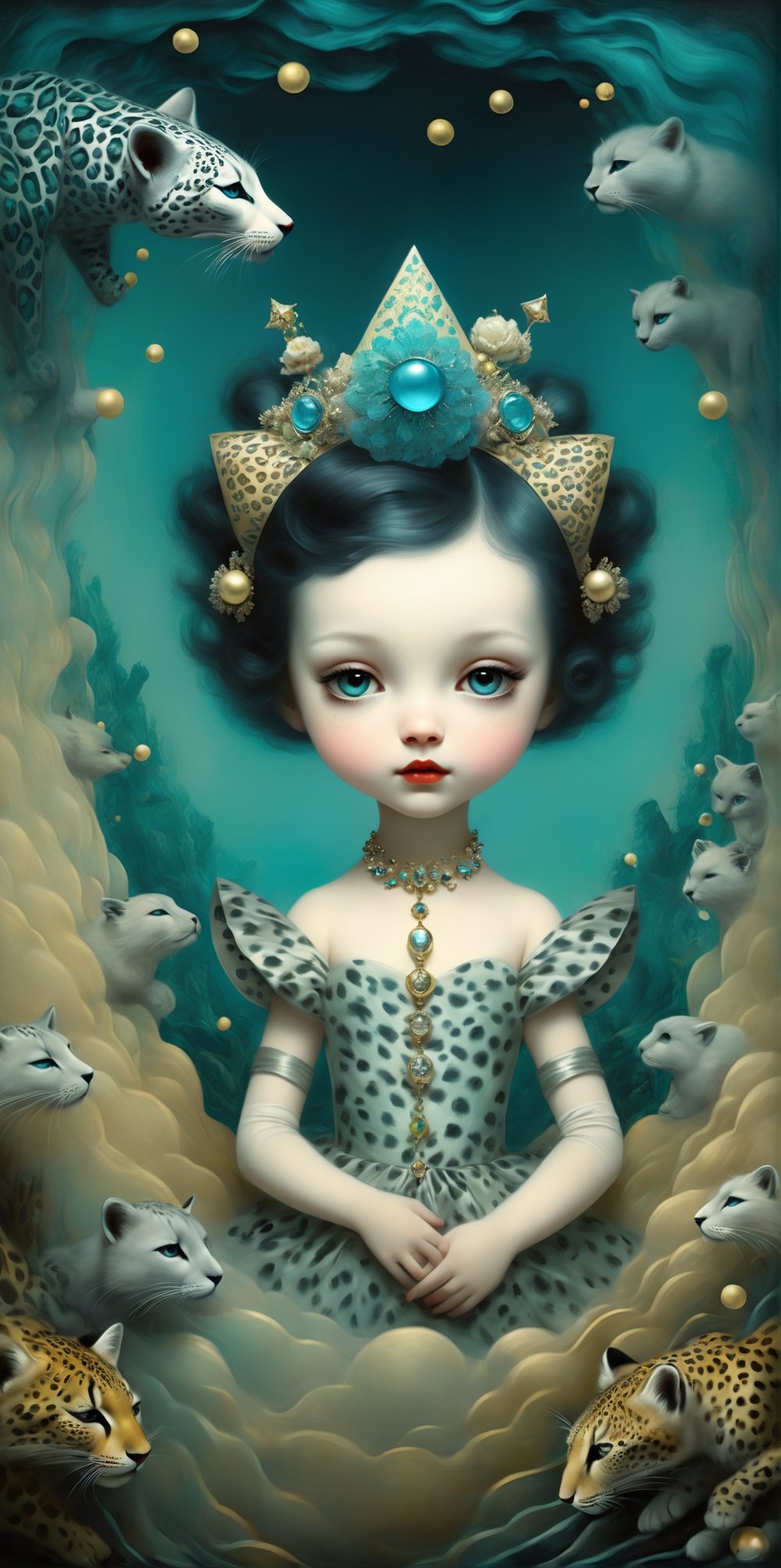 a gorgeously whimsical elusive noir pop surrealism baby catgirl with leopard print skin  in the style of dr seuss, inspired by mandelbrot fractals and doppler glitchcore effect , in ray caesar style, modern art , art nouveau ,fantastic realism, intricates détails, surreal emotion art ,interesting emotional feel,highli texture détails, behance winning award. rendered in an ornate and enchanting style, with textured brushstrokes and a breathtakingly high 12k resolution. this highly detailed 3dhd oil painting showcases the mastery of color and technique by pierre-auguste renoir. the deep, incandescent hues and ultrafine details evoke a surrealistic vibe reminiscent of by craola, nicoletta ceccoli, beeple, jeremiah ketner todd lockwood. meticulously hand-painted with meticulous attention to detail, this artwork captures the essence of a fantastical scenes from a bygone era,. created using cutting-edge octane render technology, backlit, in an ancient civilization, in a desert