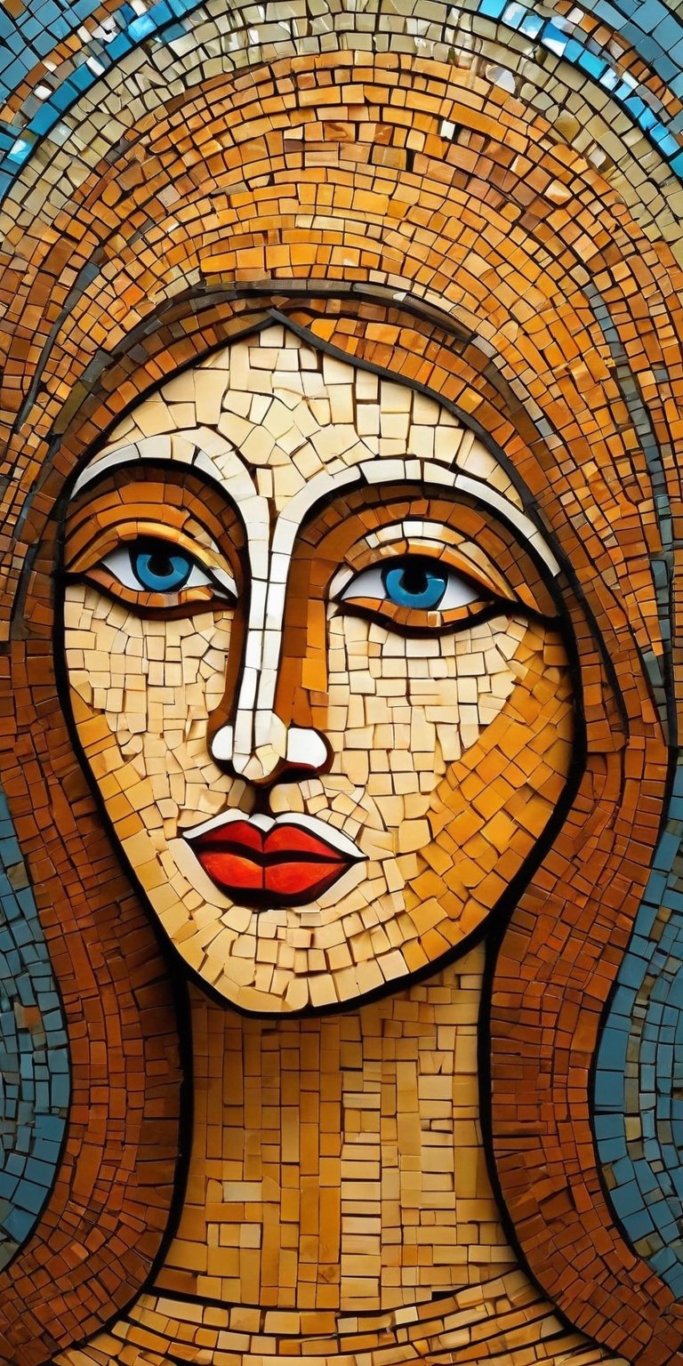 3D rendering, painting of Mary mother of God, datamosh style, cubist surrealism, mosaic shapes. The image shows the face and body of the Mother
of God deformed by the effects of faults and divided into geometric shapes. The colors are bright and contrasting, creating a dramatic and surreal visual effect. The woman appears to look at the viewer with an enigmatic expression. By panchovilla 