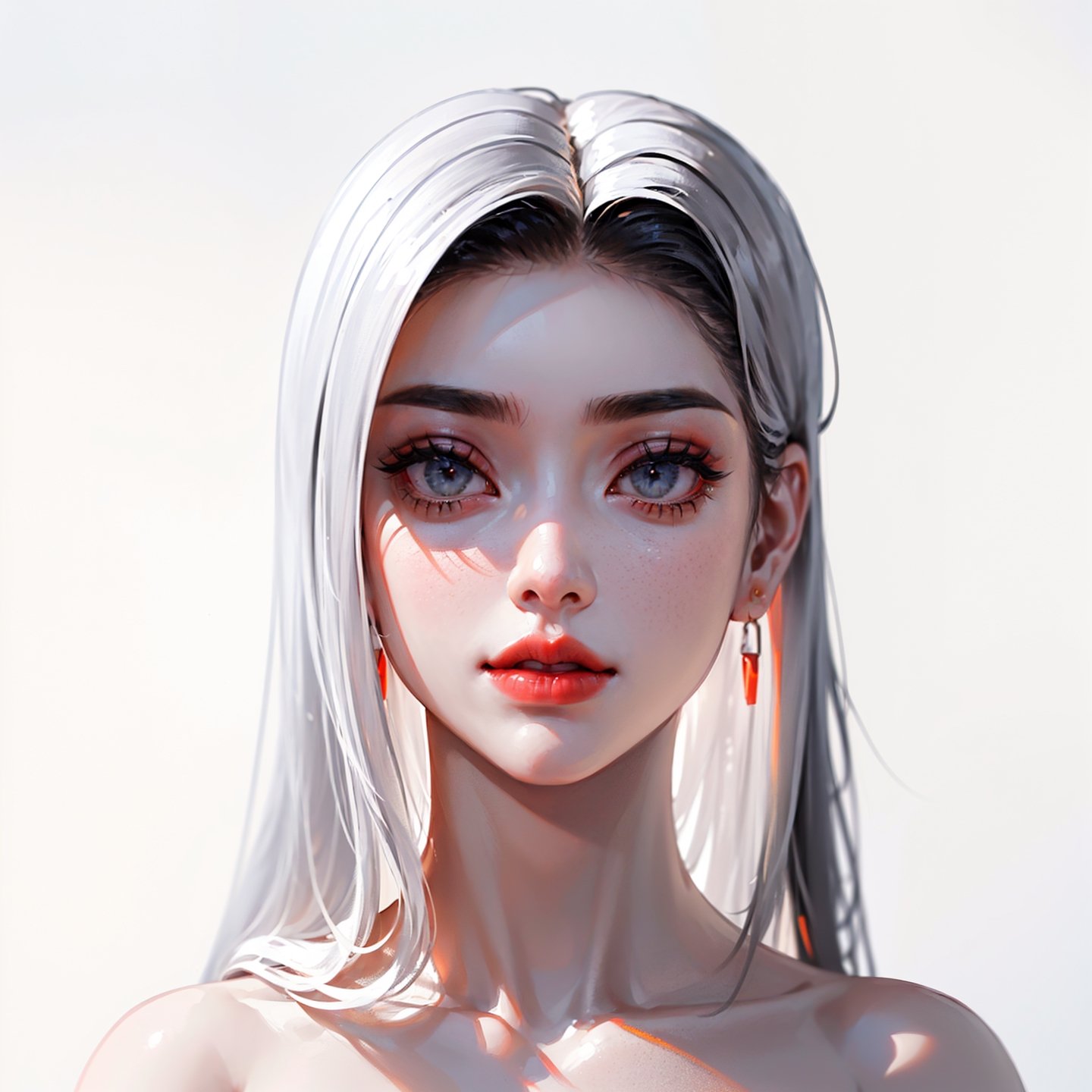 ((25 years old female)), ((realistic)), long_hair, (black-hair:1.45), white_skin, (amber_eyes:1.2), ((detailed eyes)), long eyelashes, thick eyelashes, red_lipstick, thick lips, ((naked, naked, no_clothes)), bare_shoulder, closed_mouth, (Small silver earring), (white_background:1.6), (simple_background:1.6), perfecteyes