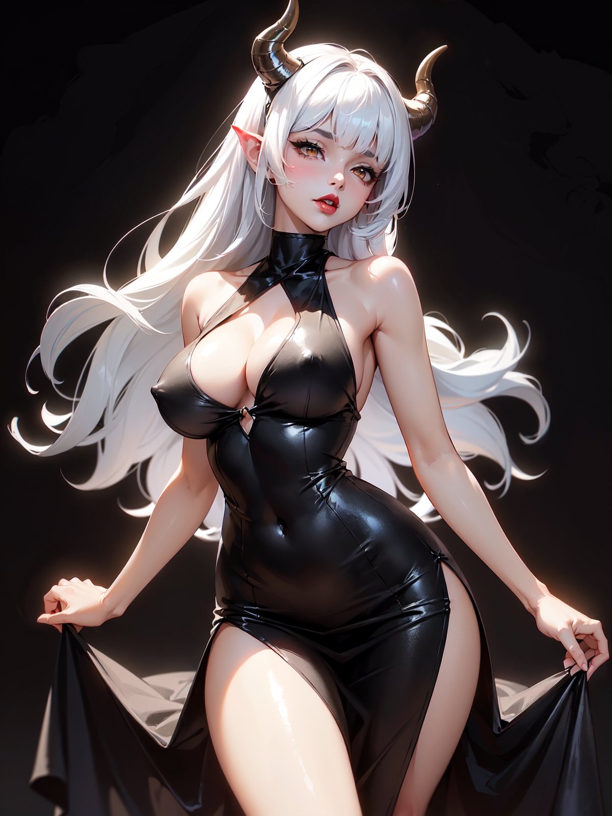 ((25 years old female)), ((realistic)), ((female_demon)), ((sexy_demon)), ((horned_girl)), (white_hair), (yellow_eyes),((solo female)), 1girl, ((centered), korean young girl, slim waist, long black hair, blunt bangs, (gigantic breasts:1.2), no underwear, ((sexy tight dress, deep v-neck dress, open dress)), classroom, dynamic angle, from the side below, red lips, (shiny skin), covered nipples, cleavage, covered navel,  panty_hose, bare shoulders, ((medium_full_shot)), (black_background:1.6), (simple_background:1.6),