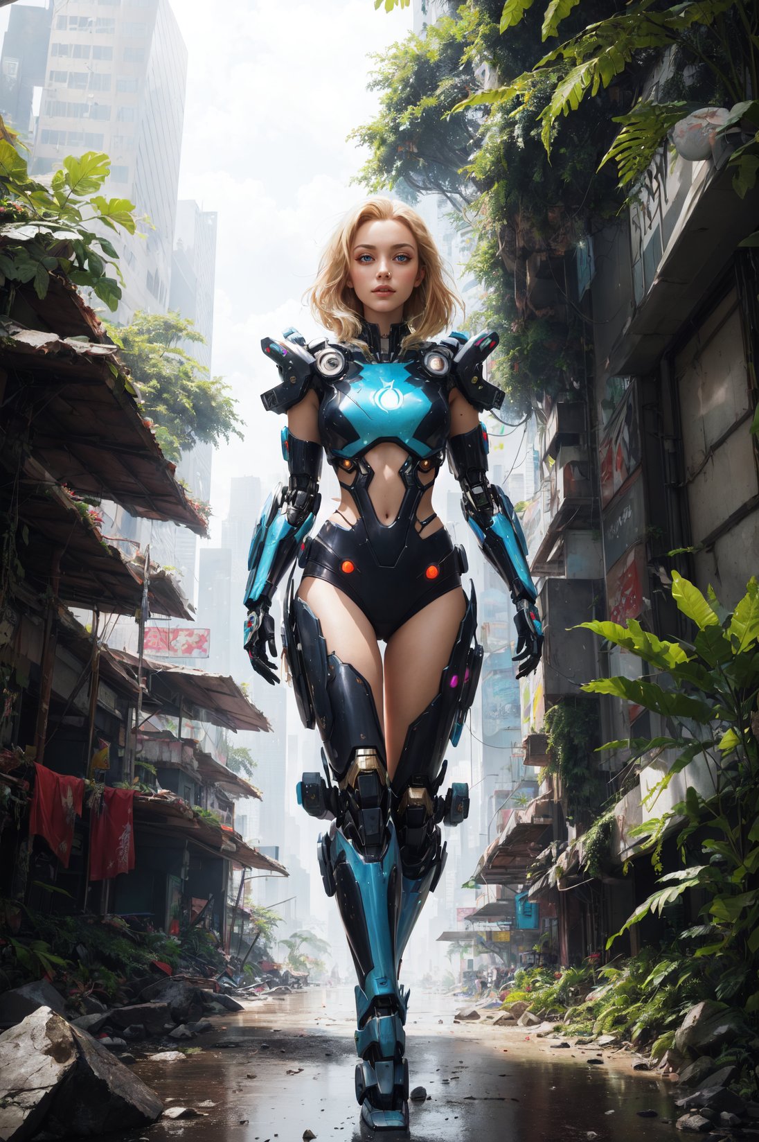 8k portrait of beautiful girl with blonde hair, wearing cyberpunk suit, walking to the viewer, low angle shot photo, majestic, digital photography, ruled of third composition, art by artgerm and ruan jia and greg rutkowski surreal painting, broken glass, (masterpiece, sidelighting, finely detailed beautiful eyes: 1.2), hdr, (detailed background cyberpunk city in lush rainforest : 0.7),stationary_restraints,mecha musume,mecha,SRS