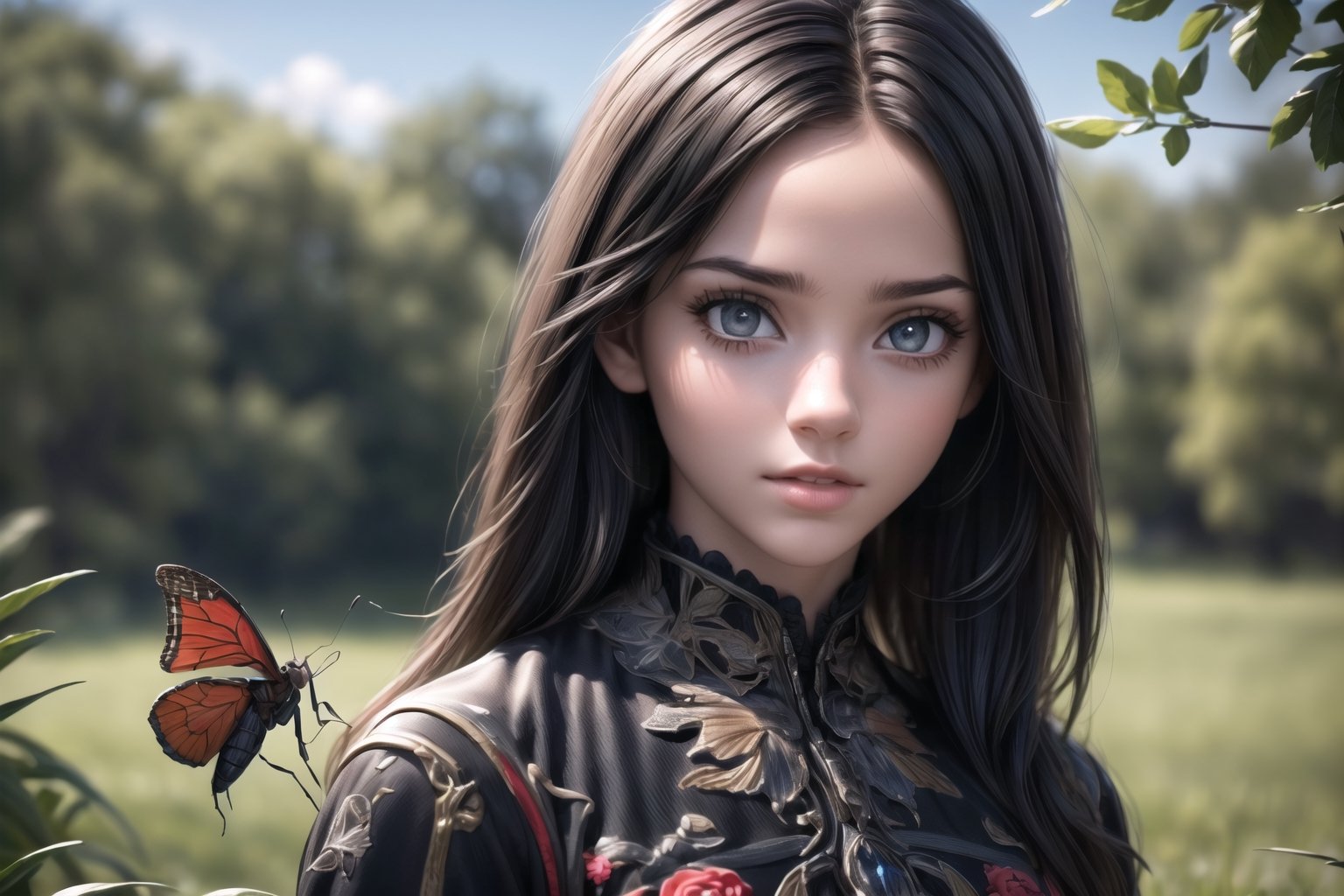 (sharp focus),  (award winning),  (extremely detailed),  (best quality, 4k, 8k, highres, masterpiece:1.2), ultra-detailed, (realistic, photorealistic, photo-realistic:1.37), a girl playing with ((big insects)), outdoor, sky,Sara