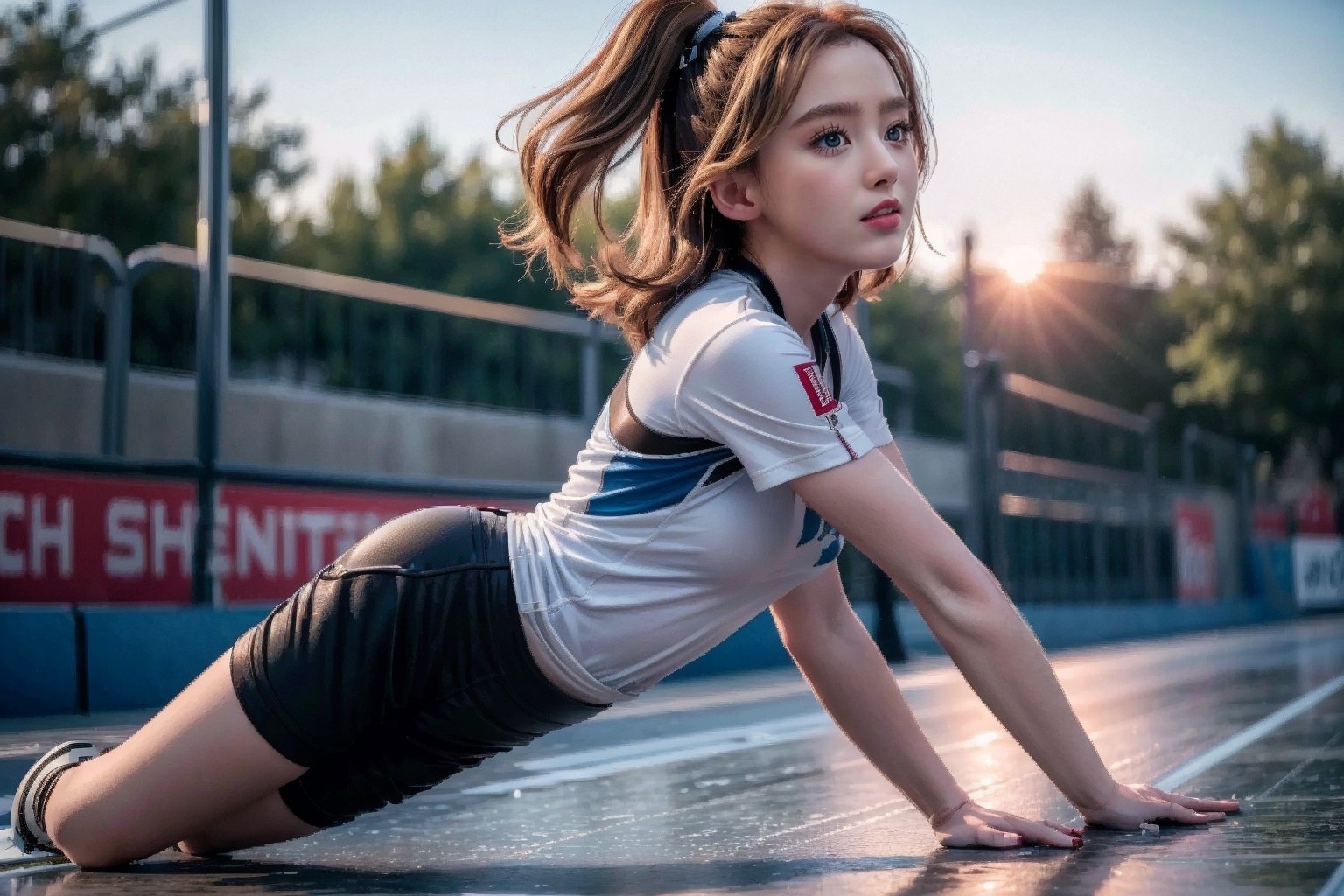 (best quality, 8k, highres, masterpiece:1.2), ultra-detailed, realistic, cinematic light,2  girls , speed skating, short tracks, overtaking on curves,from below and side,kathrynnewton