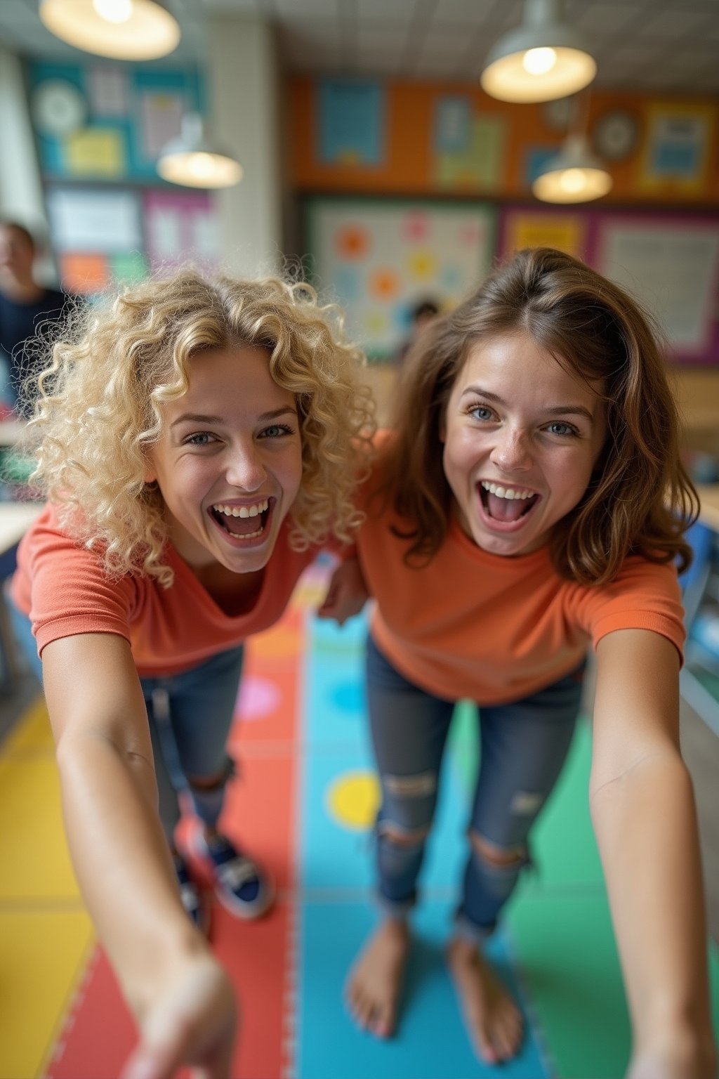 A vibrant scene unfolds in a colorful classroom: two young women, one with curly blonde hair and bright blue eyes, the other with short brown locks and radiant smile. They're engrossed in a lively game of Twister, their laughter and playful shrieks filling the air. The camera captures their joyful moment from above, with the vibrant colors of the Twister mat and nearby desks creating a lively backdrop. The soft glow of overhead lamps adds warmth to the scene, while the girls' carefree poses exude youthful energy.