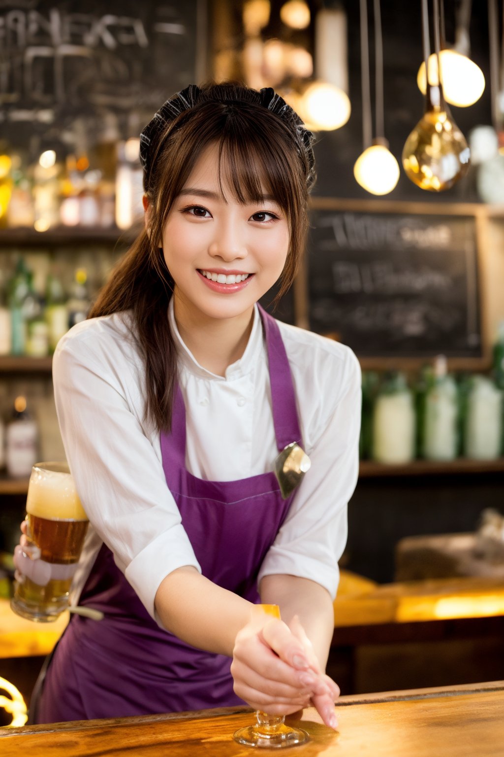 A cheerful bartender at a girls' bar pours beer with a warm smile as she chats with customers, the soft glow of neon lights reflecting off her bright apron, the vibrant atmosphere pulsating with laughter and conversation.