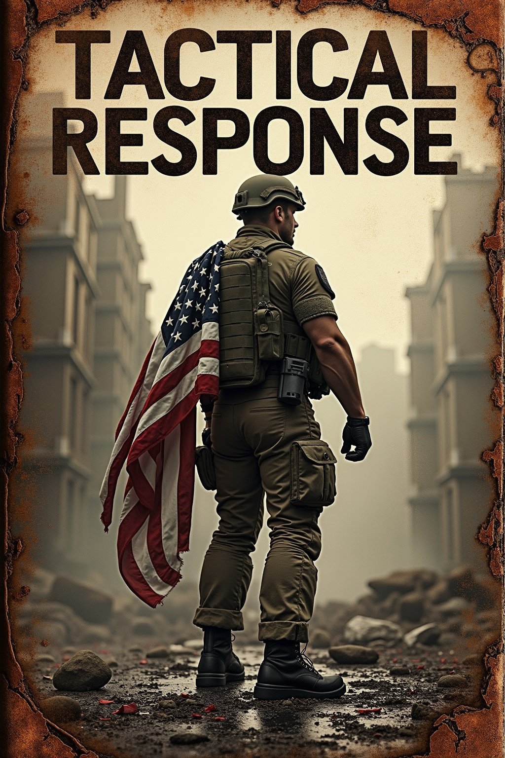 A worn leather-bound magazine cover featuring a gritty, high-contrast image of a rugged soldier in full tactical gear, standing at attention amidst a backdrop of smoke-shrouded urban ruins. A faded American flag clings to his shoulder as he gazes intently into the distance. The cover's title, 'Tactical Response' , is emblazoned in bold, metallic font across the top.