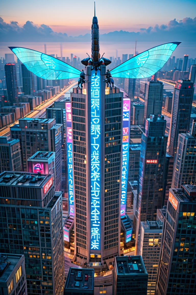 A futuristic cityscape at dusk, with neon lights reflecting off metallic scales as a group of towering, insectoid beings with glowing blue eyes and iridescent wings hover in mid-air. Their elongated bodies are encased in shimmering armor, with intricate circuitry visible beneath. The background features a sprawling metropolis with skyscrapers and flying cars zipping by.