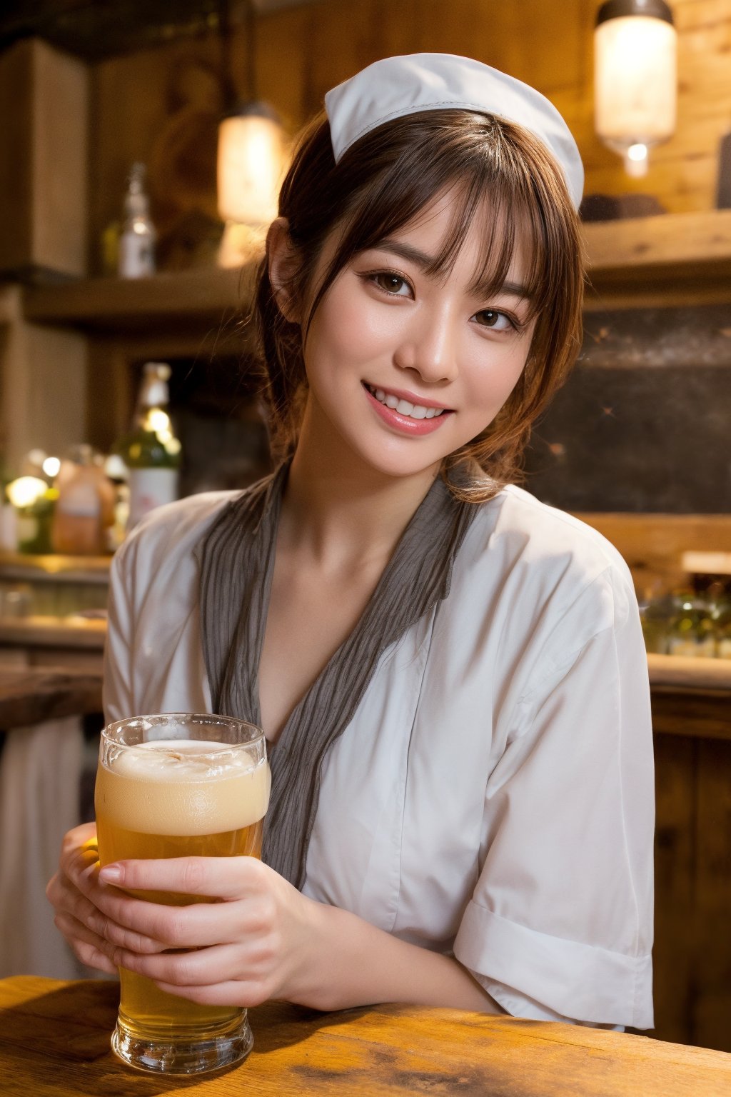 A warm and inviting scene unfolds as a cheerful waitress, with a radiant smile, pours beer into a chilled glass at a cozy girls' bar. Framed by the rustic wooden counter, she effortlessly strikes up a conversation with the pleased customer, her eyes sparkling with genuine hospitality, as the soft hum of lively chatter and clinking glasses creates a convivial atmosphere.