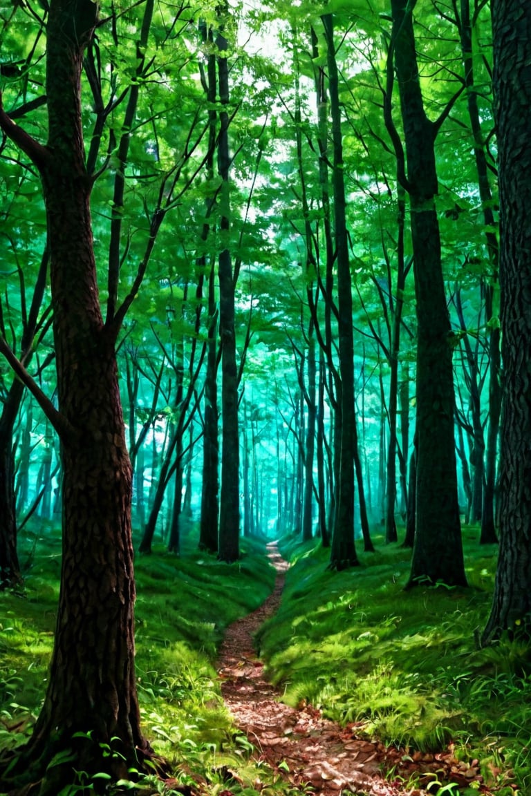 A serene forest landscape: a majestic tree with gnarled branches stretches towards the sky, its leaves a vibrant green against a soft blue background. The camera frames the scene at eye level, capturing the intricate textures of the trunk and foliage. Dappled sunlight filters through the canopy above, casting a warm glow over the forest floor.