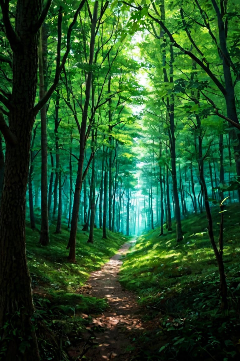 A serene forest landscape: a majestic tree with gnarled branches stretches towards the sky, its leaves a vibrant green against a soft blue background. The camera frames the scene at eye level, capturing the intricate textures of the trunk and foliage. Dappled sunlight filters through the canopy above, casting a warm glow over the forest floor.