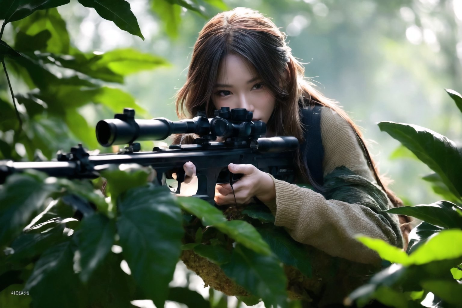 (sharp focus),  (award winning),  (extremely detailed),  (best quality, 4k, 8k, highres, masterpiece:1.2), ultra-detailed, (realistic, photorealistic, photo-realistic:1.37),Female sniper hiding above a tree in the jungle,full body, sniper rifle