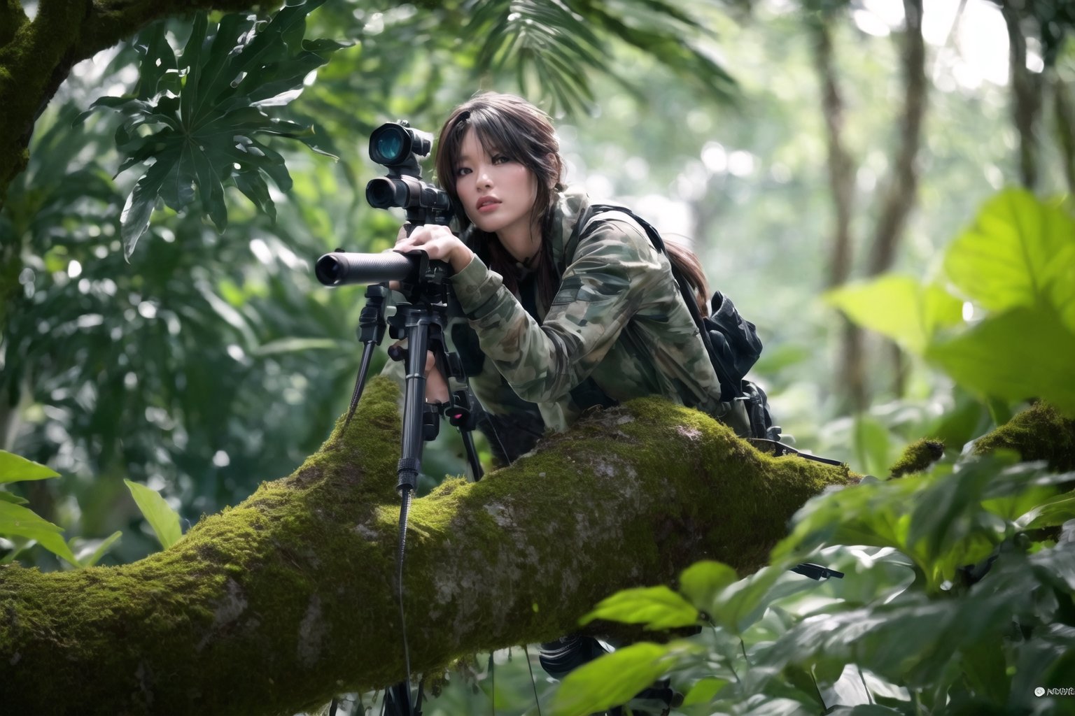 (sharp focus),  (award winning),  (extremely detailed),  (best quality, 4k, 8k, highres, masterpiece:1.2), ultra-detailed, (realistic, photorealistic, photo-realistic:1.37),Female sniper hiding above a tree in the jungle,full body, sniper rifle