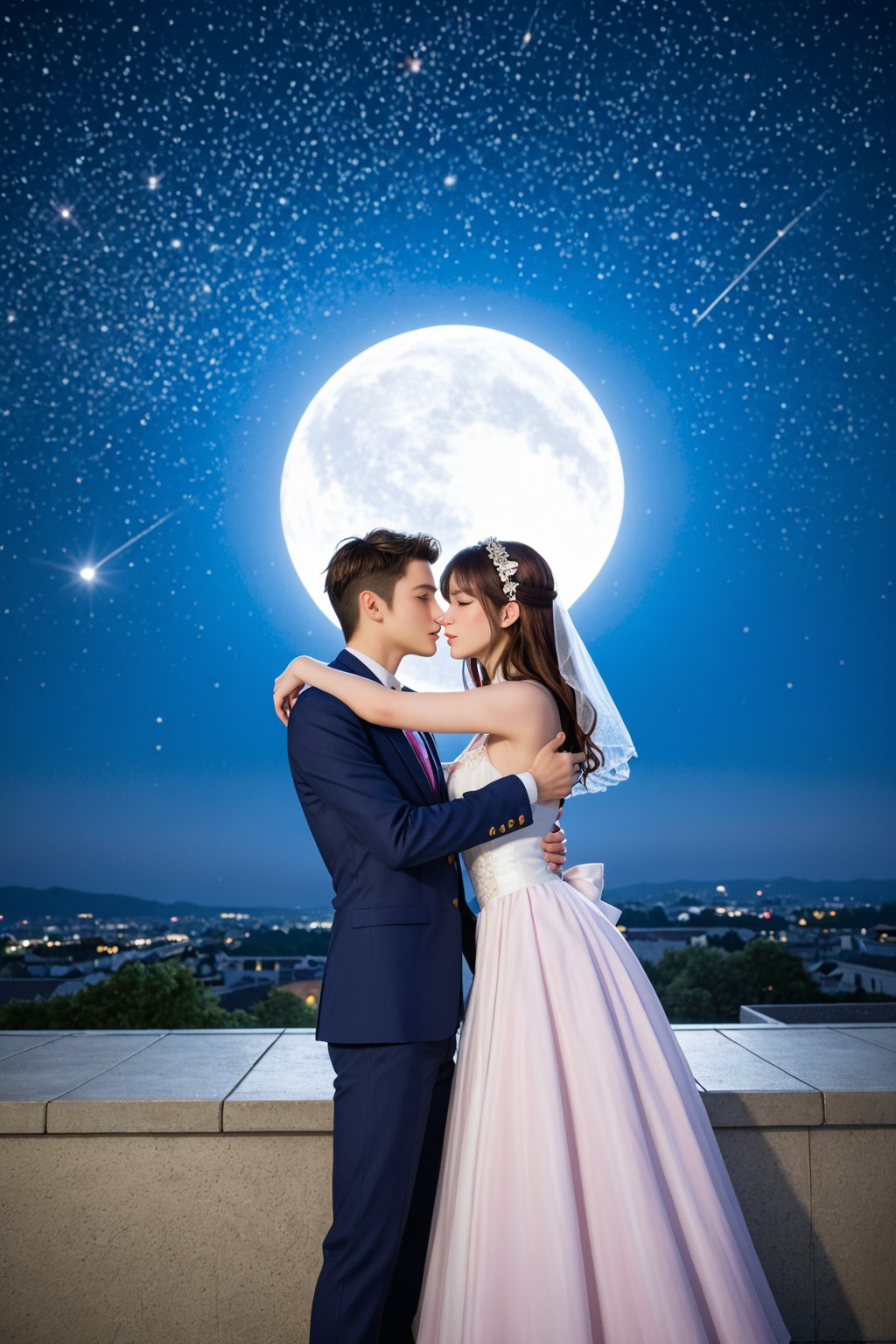 A serene couple, entwined in a romantic embrace, gazes up at the majestic harvest moon, its radiant glow casting an ethereal light upon their faces. The full moon's creamy white hue is subtly diffused by wispy clouds, imbuing the scene with a sense of mystique. Against the starry night sky, the rooftop's weathered tiles and rustic railings provide a charming backdrop for this whimsical fantasy, as if plucked from a dream.