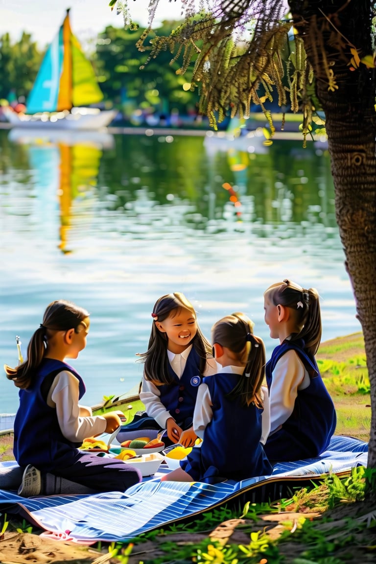 A serene lakeside scene: a group of beautiful schoolgirls sit on a blanket, laughing and chatting as they enjoy their lunch. The warm sunlight casts a gentle glow on their smiling faces, while the surrounding trees provide a lush green backdrop. A few sailboats dot the calm lake water, creating a sense of tranquility.