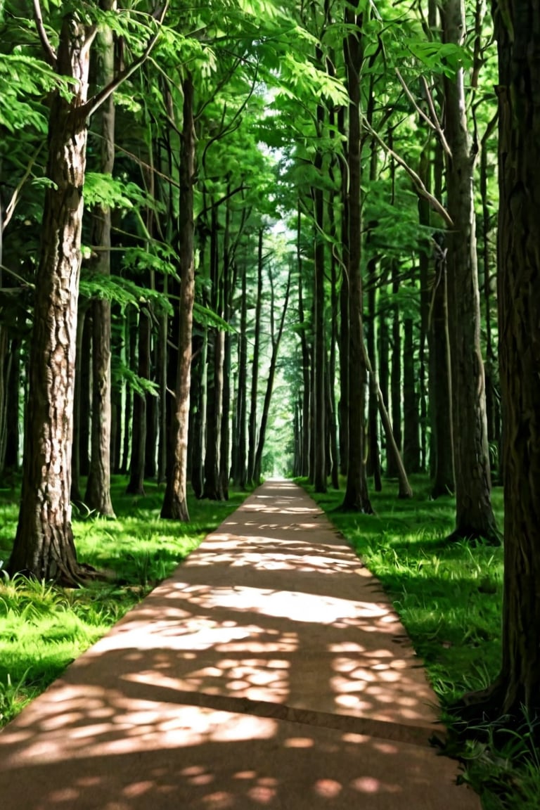 A serene forest scene: a towering tree stands tall, its trunk weathered to a gentle grey, amidst a carpet of emerald green leaves. Soft morning light filters through the canopy above, casting dappled shadows on the forest floor. A winding path disappears into the distance, inviting exploration.