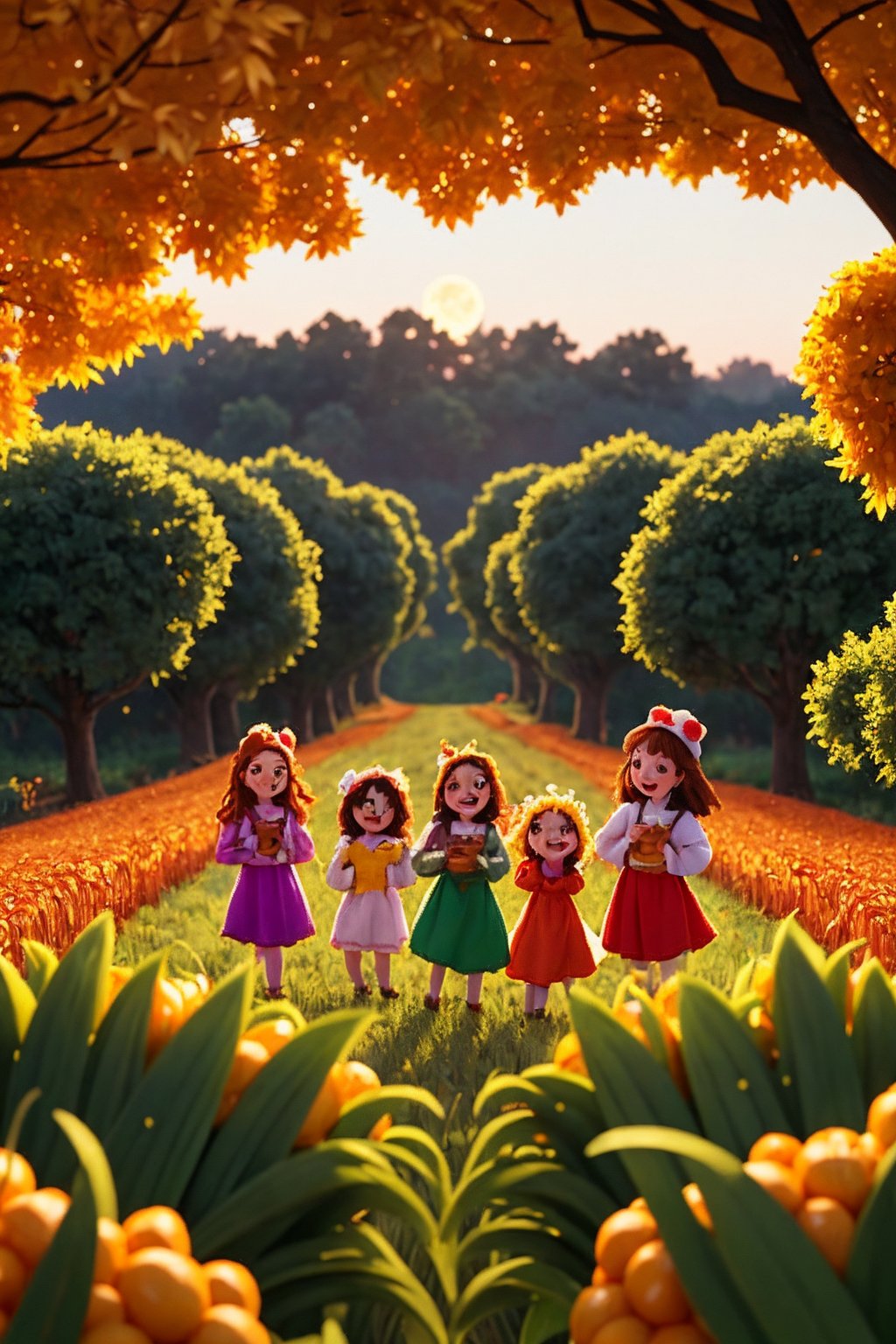 A vibrant 3D cartoon scene unfolds: a group of singing girls, dressed in flowing harvest-inspired costumes, gather around a majestic harvest moon. Softly glowing golden light illuminates their joyful faces as they harmonize amidst a backdrop of swaying corn stalks and autumnal trees. The camera frames the scene from above, capturing the girls' lively performance and the serene lunar presence.