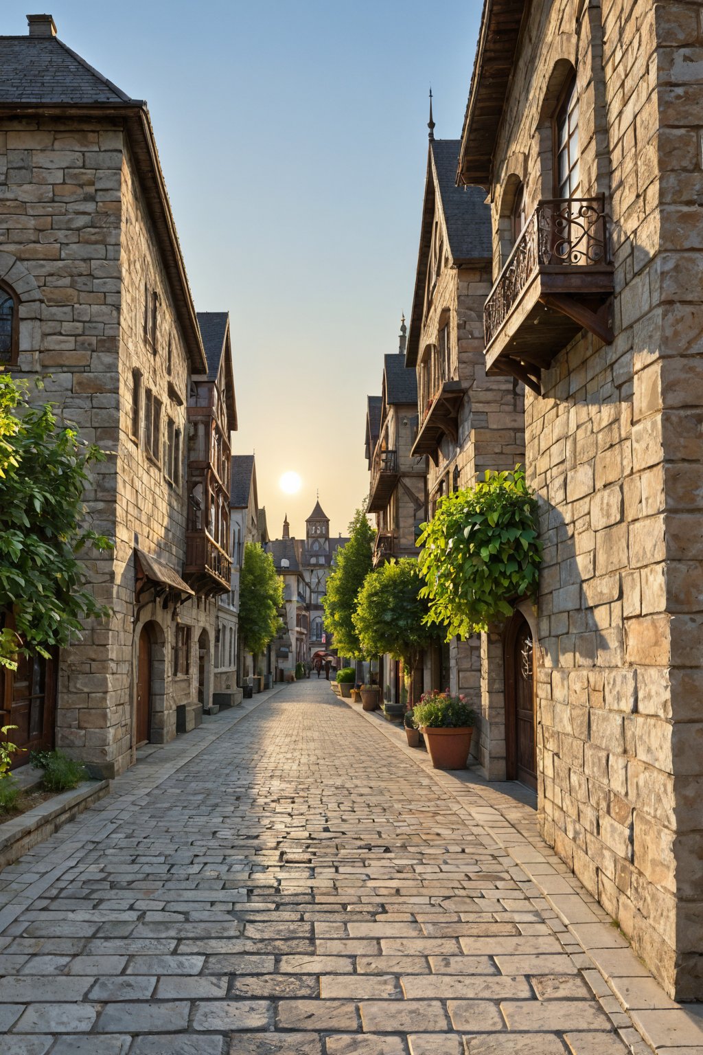 A bustling medieval European city street, with half-timbered buildings and ornate Gothic spires crowding the cobblestone road. The warm sun casts a golden glow on the worn stone pavement, as citizens in tunics and hoods hurry about their daily tasks. The air is thick with the smell of fresh bread and roasting meats.