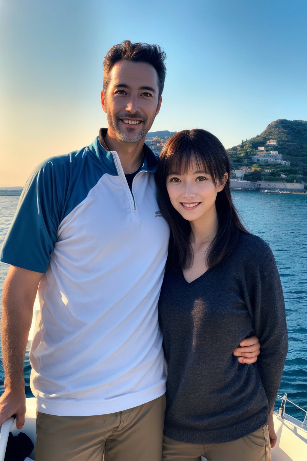 A mixed doubles sailing team in perfect sync, standing at the helm of their sleek yacht as it glides across the calm waters of a picturesque Mediterranean bay. The golden sunlight casts a warm glow on their smiling faces, while the surrounding islands and lush greenery create a serene backdrop.