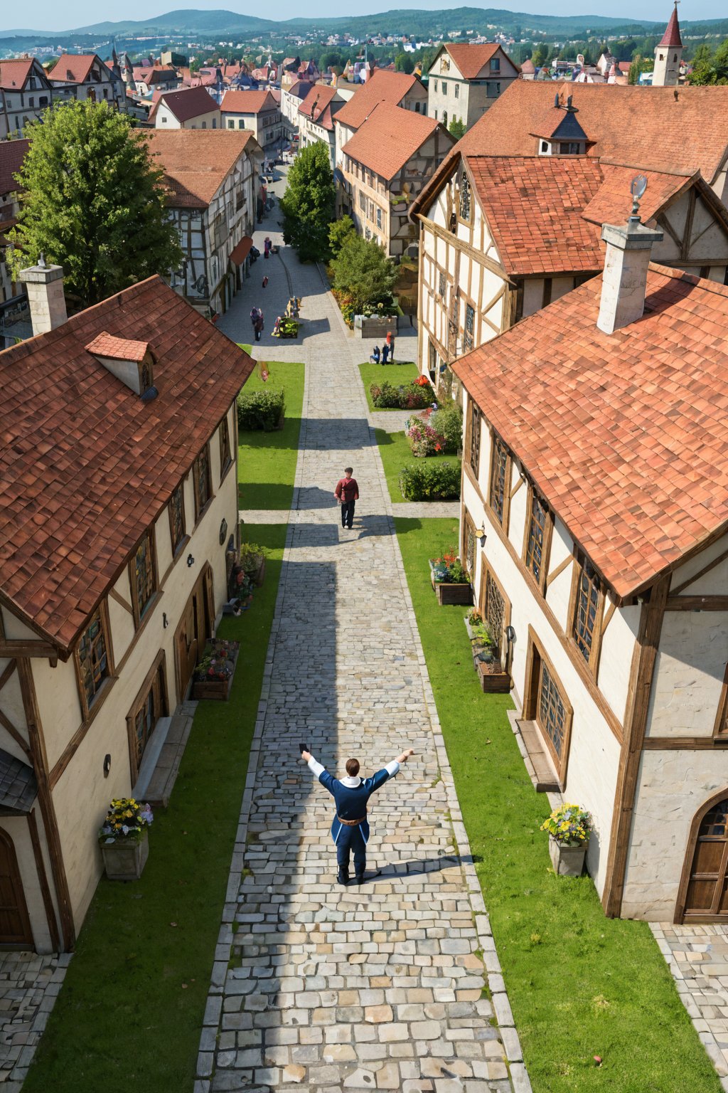 Aerial view of a bustling medieval European city, with intricately tiled rooftops and wooden guildhalls stretching along cobblestone streets. The warm glow of torches and lanterns illuminates the scene, casting long shadows across the market square. Merchants and townsfolk go about their daily business, while knights in shining armor stand guard at the city gate.